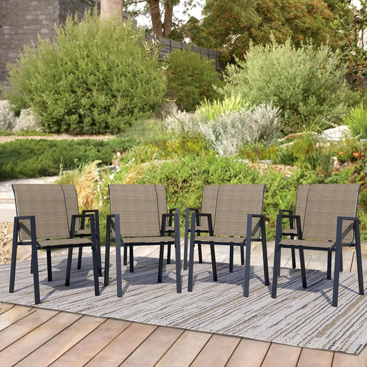 Outdoor Patio Chairs Set of 8, Mocha Stackable Outdoor Chairs, Lightweight Patio Set with High Back, Metal Dining Chair for Lawn, Garden, Yard and Deck