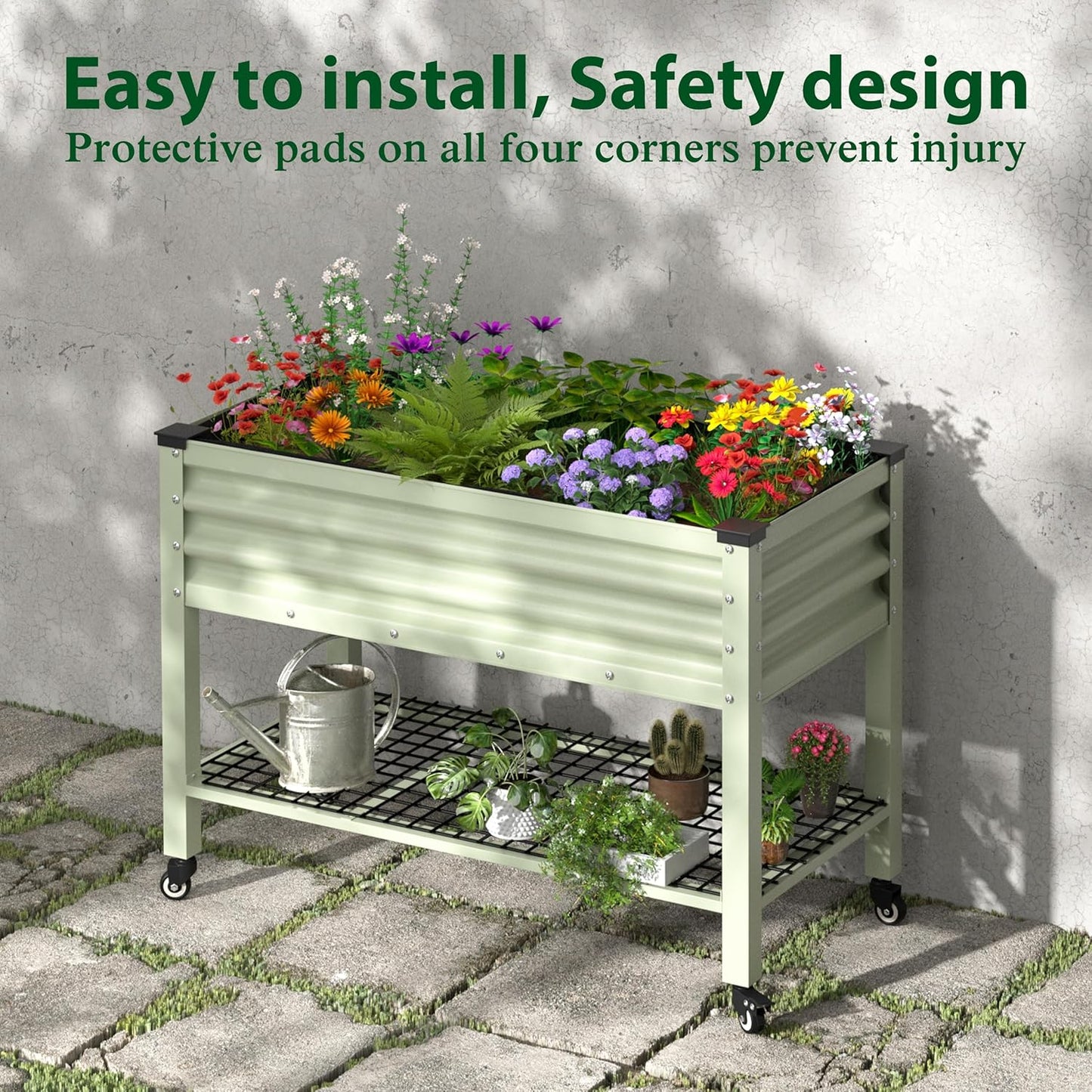 MUPATER 47.8" L x 23.5" W x 33.5" H Galvanized Steel Raised Garden Bed, 507lbs Capacity Large Metal Elevated Raised Planter Box with Rolling Casters & Extra Bottom Shelf for Patio, Balcony, Beige