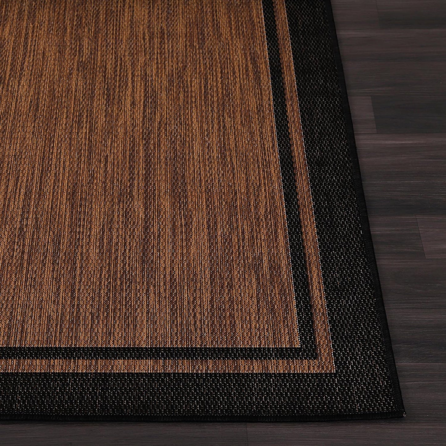 CAMILSON Indoor Outdoor Rug, 6x9 Bordered Nut Brown Black Modern Area Rugs for Indoor and Outdoor Patios, Kitchen and Hallway Mats, Washable Porch Deck Outside Carpet (Bordered Nut Brown Black, 6 x 9)