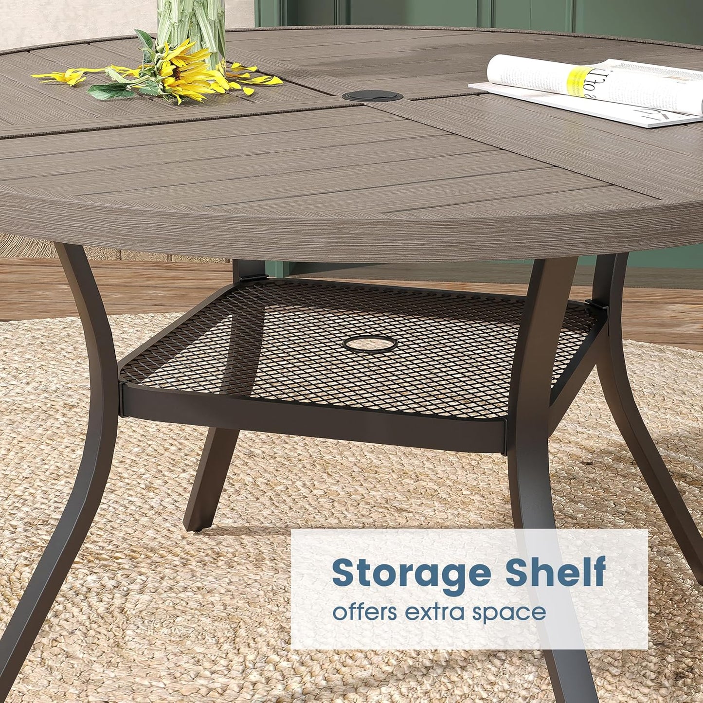 DIFY 40.6" Round Outdoor Patio Dining Table for 4, All-Weather Metal Steel Slatted Patio Table with 1.57" Adjustable Umbrella Hole, for Lawn Garden Porch Backyard, Grey Wood-Like