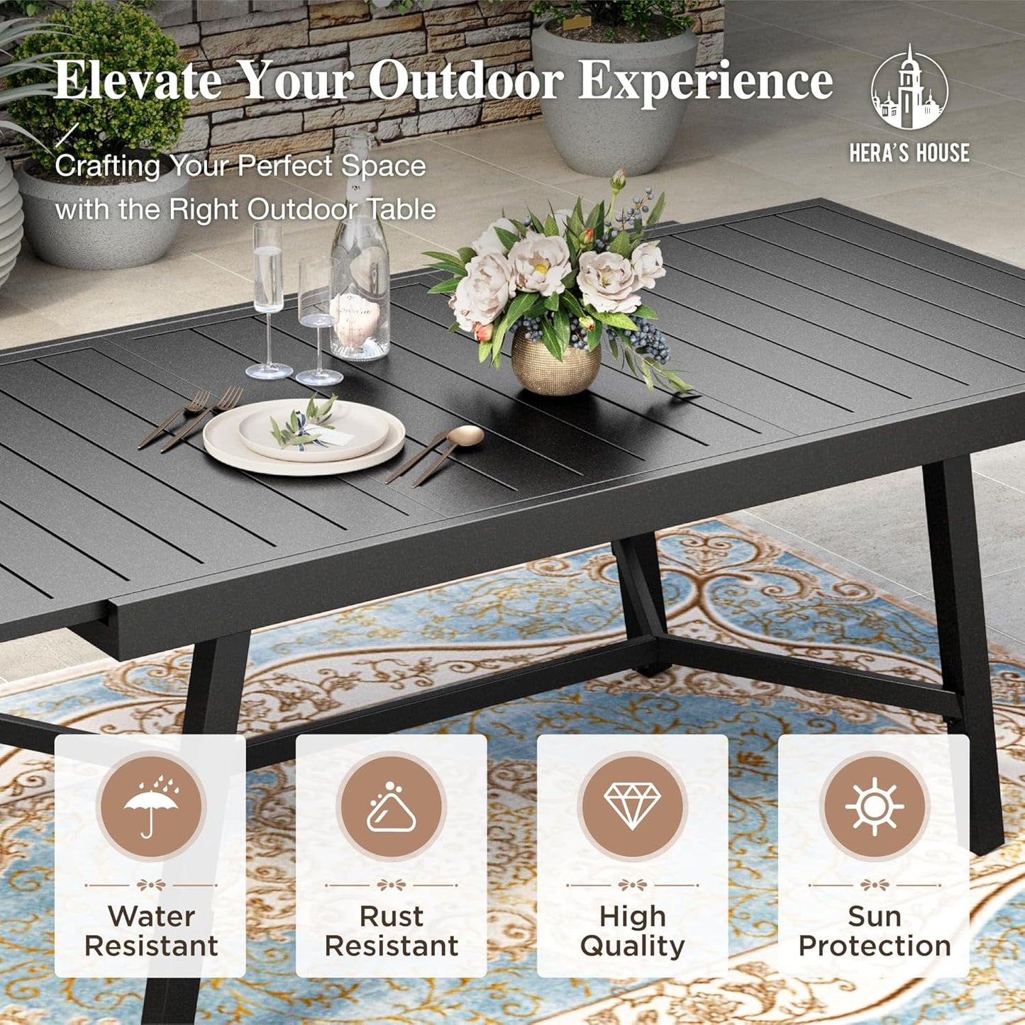 HERA'S HOUSE Extendable Patio Table and Chairs Set for 8, 9 Pieces Outdoor Dining Set, Rectangular Metal Dining Table with 8 x Chairs for Deck Lawn Garden Porch, Blue