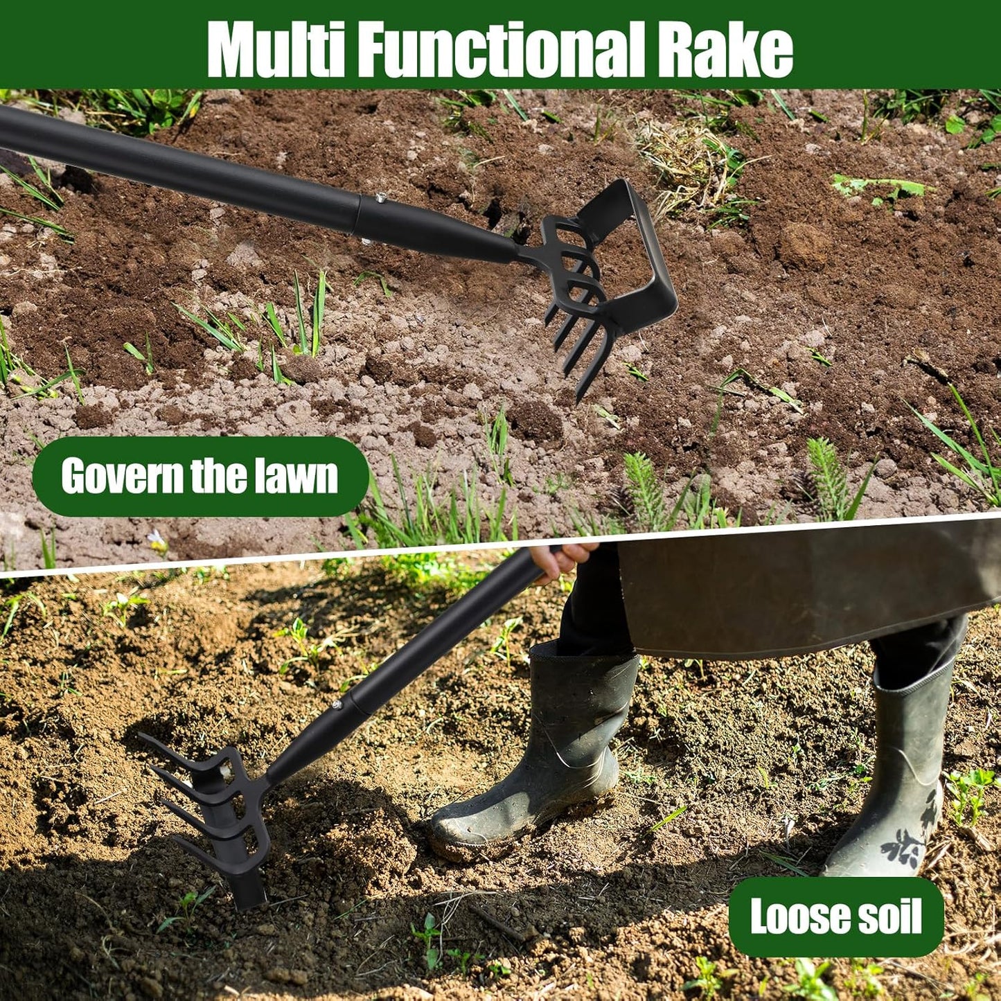 2-in-1 Garden Hoe Tool, Adjustable Length from 37 to 60inch, Ergonomic Design for Weeding and Raking, Durable and Rust-Proof Blade, Save Time and Effort