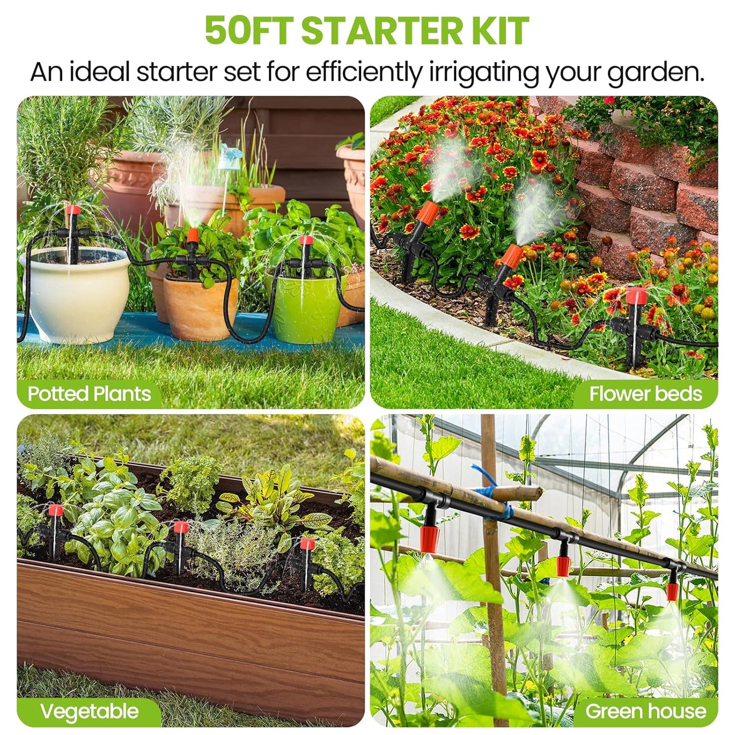 MIXC Drip Irrigation System, 50 FT Quick Connector Garden Watering System, Automatic Sprinkler Kit for Lawn Raised Bed Outdoor Plants Greenhouse with 1/4'' Tubing, Drip Emitters, Misting Nozzles