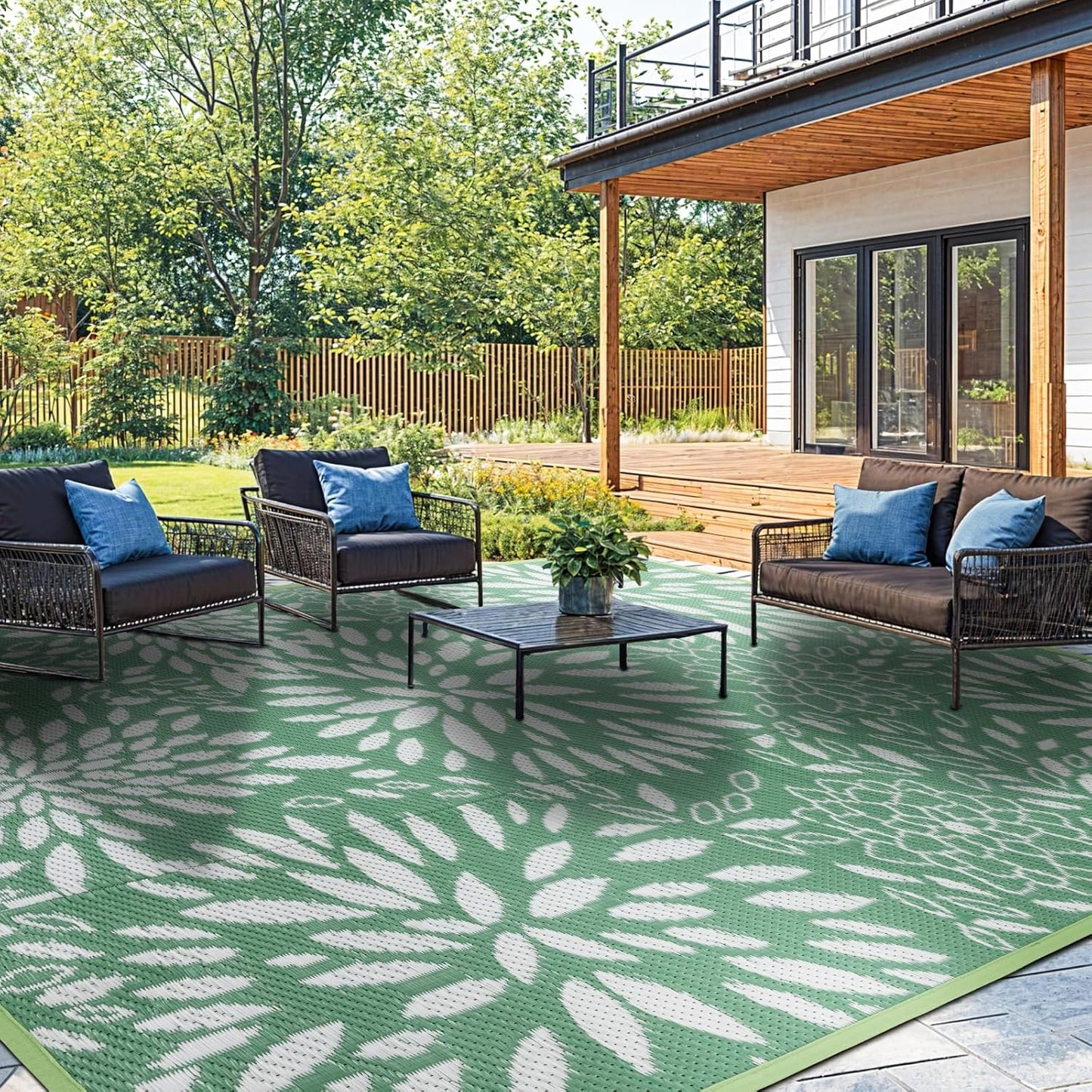 8'x10' Reversible Outdoor Rug - Eco-Friendly Plastic Straw Rug-Heavy-Duty Waterproof Mat, UV & Fade Resistant for Patio, Camping, RV, Deck, Balcony(8x10,Lake Blue&Floral)