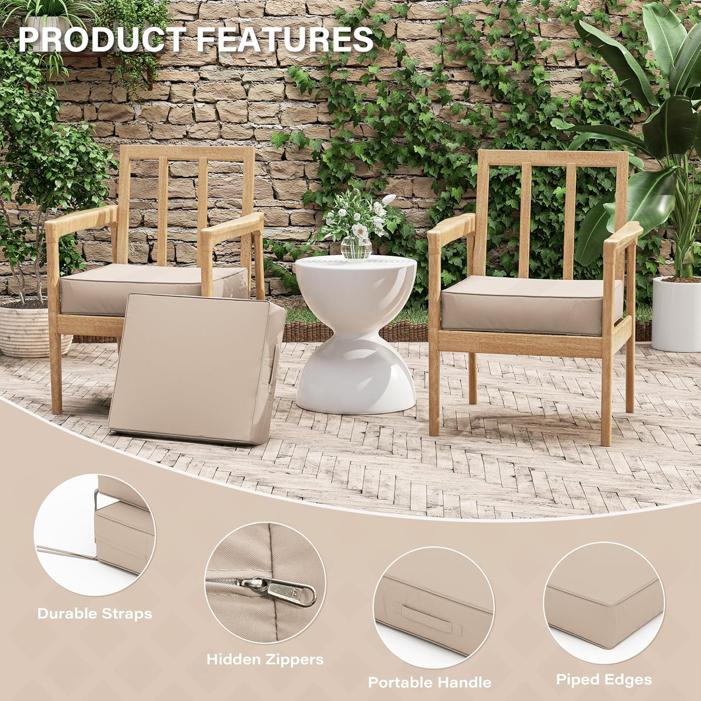Patio Chair Cushions 18.5 X 16 X 4 Inch Waterproof Outdoor Seat Cushions for Patio Furniture, Outdoor Sofa Couch Pads with Ties & Handle, Set of 2, Sand
