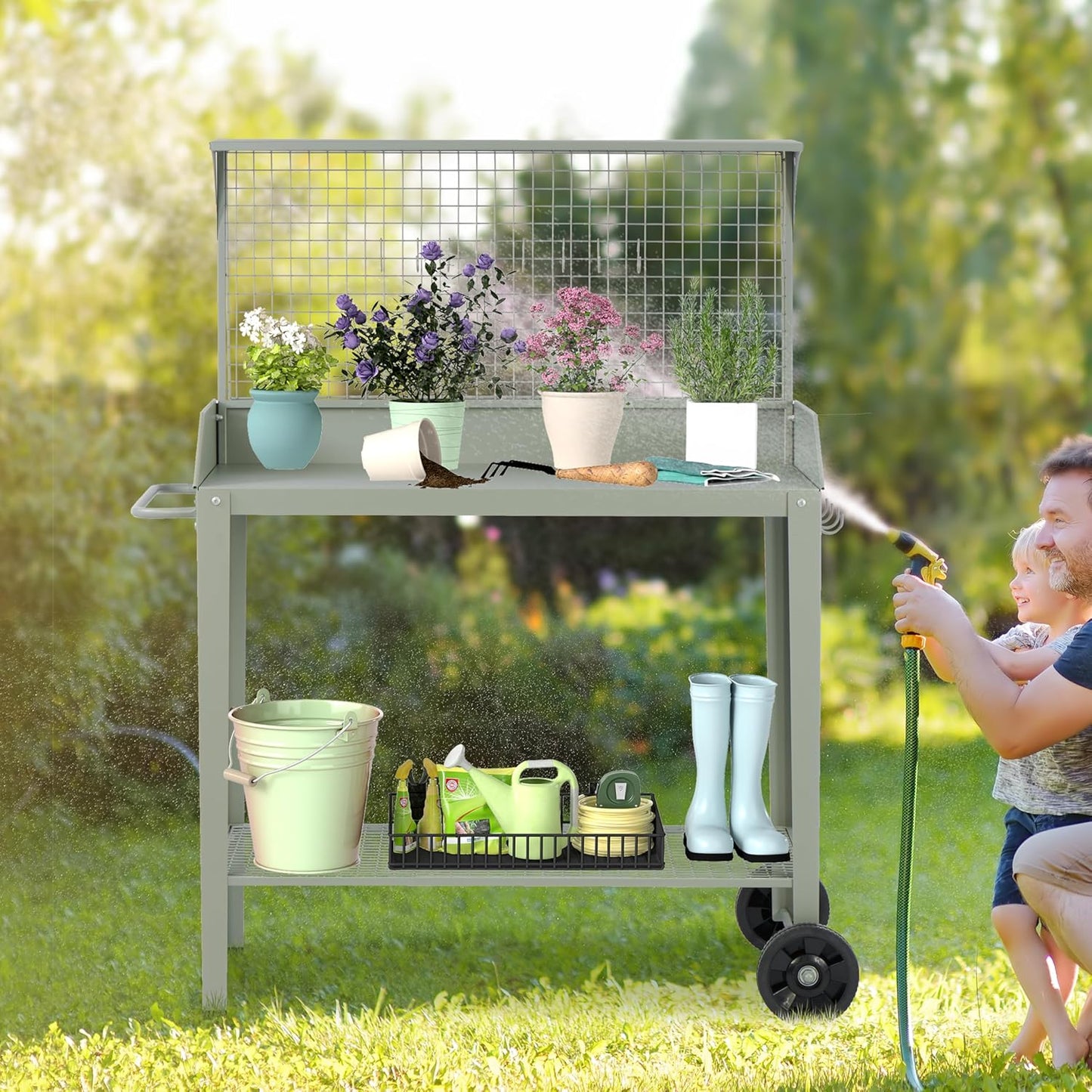 Outdoor Metal Potting Bench with Wheels, Heavy Duty Garden Workbench Table with Storage Shelf (Green, 52.8"x36.6")