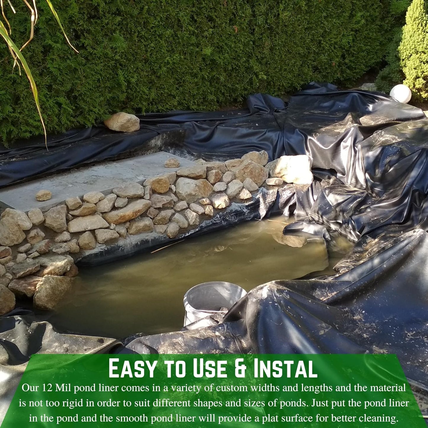 Farm Plastic Supply - 12 Mil String Reinforced Black/White Pond Liner - 12 Mil Fish Pond HDPE Liner, Pond Liners for Outdoor Ponds, Koi Ponds, Garden Fountain, Containment Liner (6' x 90')