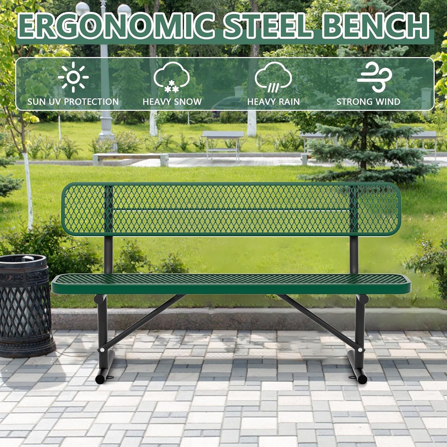 Heavy Duty Park Bench with Back Portable Frame, Outdoor Steel Bench with Backrest, Outdoor Park Bench Expanded Metal Mesh Bench for Lawn, Park, Deck, Garden, Patio, Porch, Black (Green, 6FT)