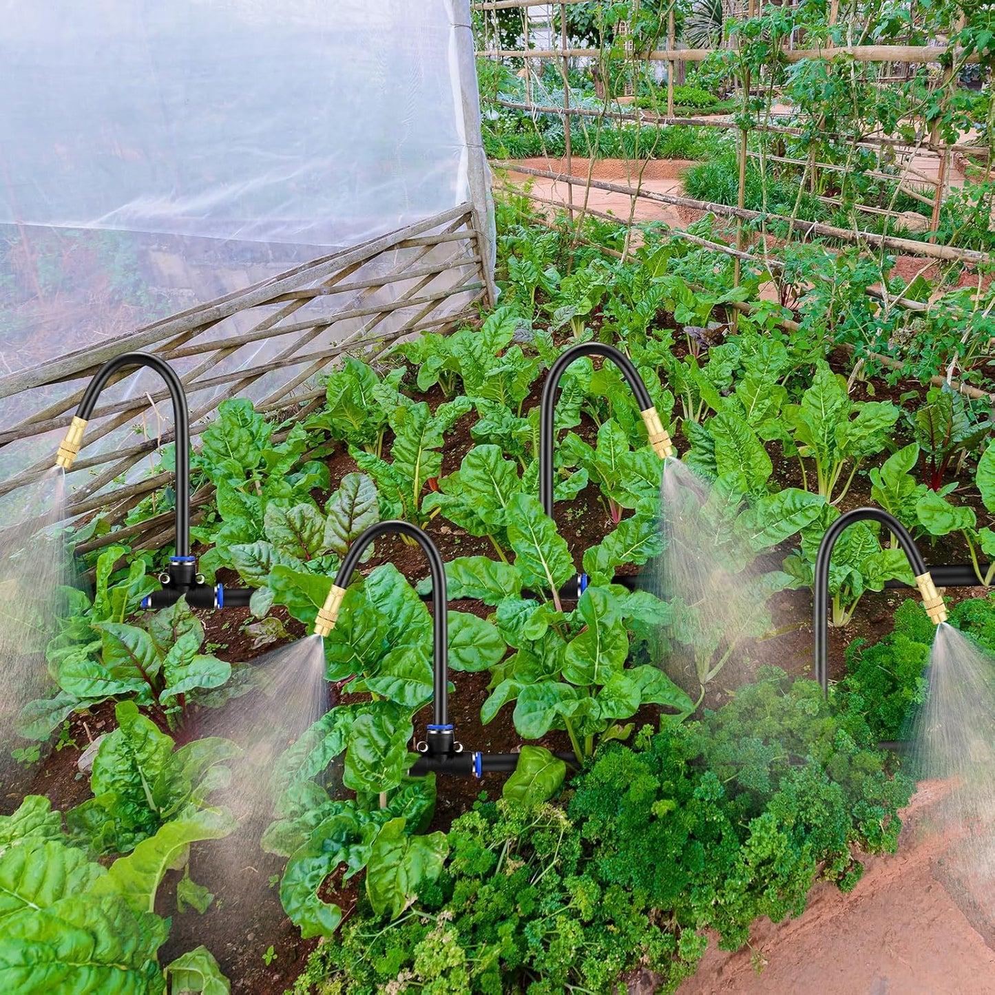 Zonon Brass Misting Nozzles Tee with Built in Hose 360 Degree Rotation Adjustable Water Mister Nozzles Thread Sprayer 0.043" Misting Parts and Accessories for Patio Outdoor Cooling(15 Pcs,8 Inch)