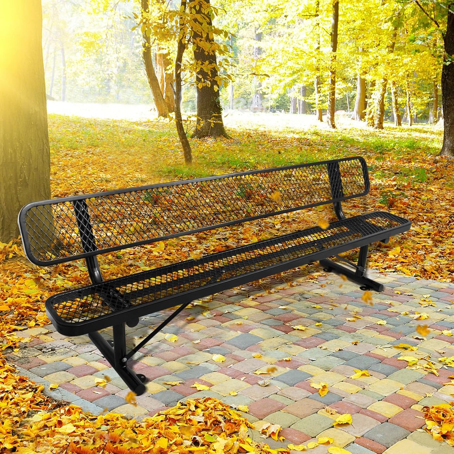 8Ft Heavy Duty Park Bench with Back Portable Frame, Outdoor Steel Bench with Backrest, Expanded Metal Mesh Bench for Lawn, Park, Deck, Garden, Patio, Porch, Black