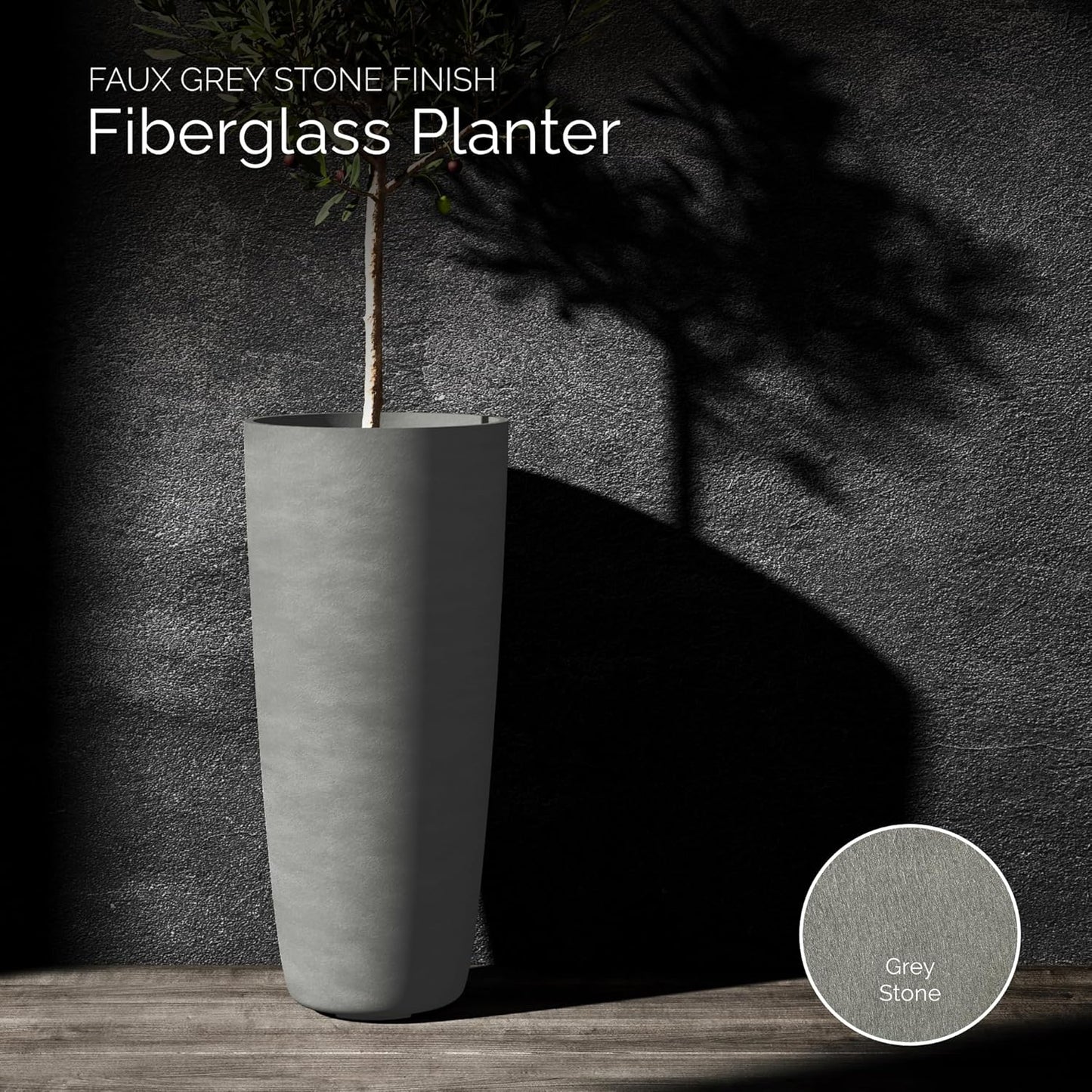 Lofto Tall Planter – Grey Stone Finish – Fiberglass Indoor/Outdoor and Weather-Resistant Large Planter (14.6" D x 30.5" H Exterior, 13.4" D x 30.3" H Interior)