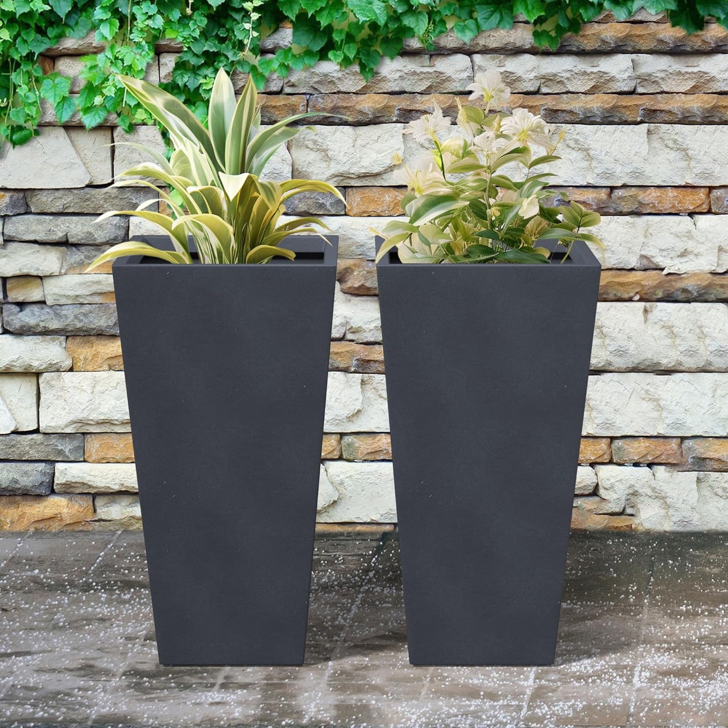 Kante 24.4 Inch Tall Tapered Concrete Planter (Set of 2), Modern Style Large Plant Pot with Drainage Hole and Rubber Plug for Patio, Backyard, Porch, Suitable for Indoor Outdoor Plants, Charcoal
