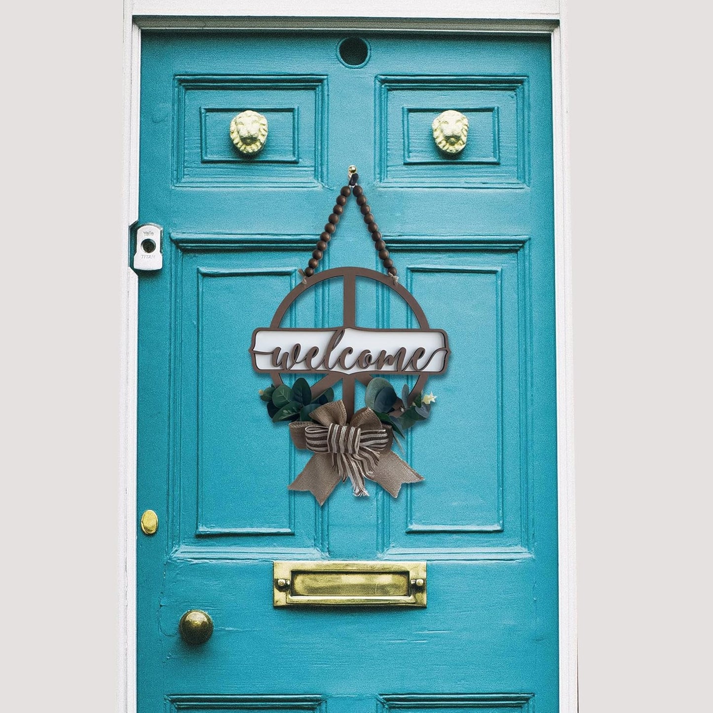 interchangeable 3D Welcome Sign for Front Door |Home/Farmhouse Porch Décor Wooden Hanging Sign with Artificial Leaves and Rustic Beads | Christmas Classroom |12" Round