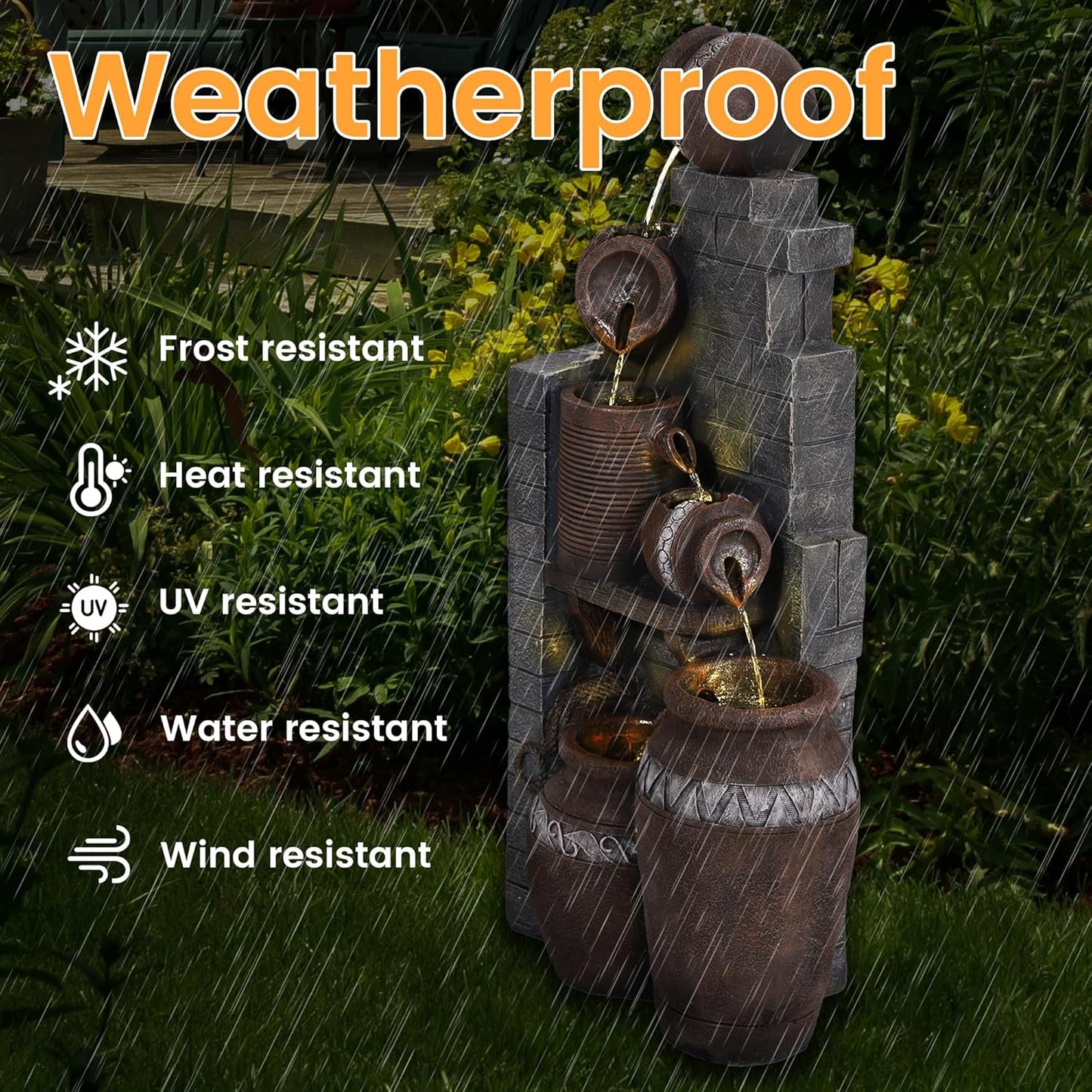 6-Tiers Garden Waterfall Fountain Outdoor - 40''H Water Fountains and Waterfalls, Large Outdoor/Indoor Floor Standing Resin Water Fountain with LED Light for Patio, Garden and Home (Grey)