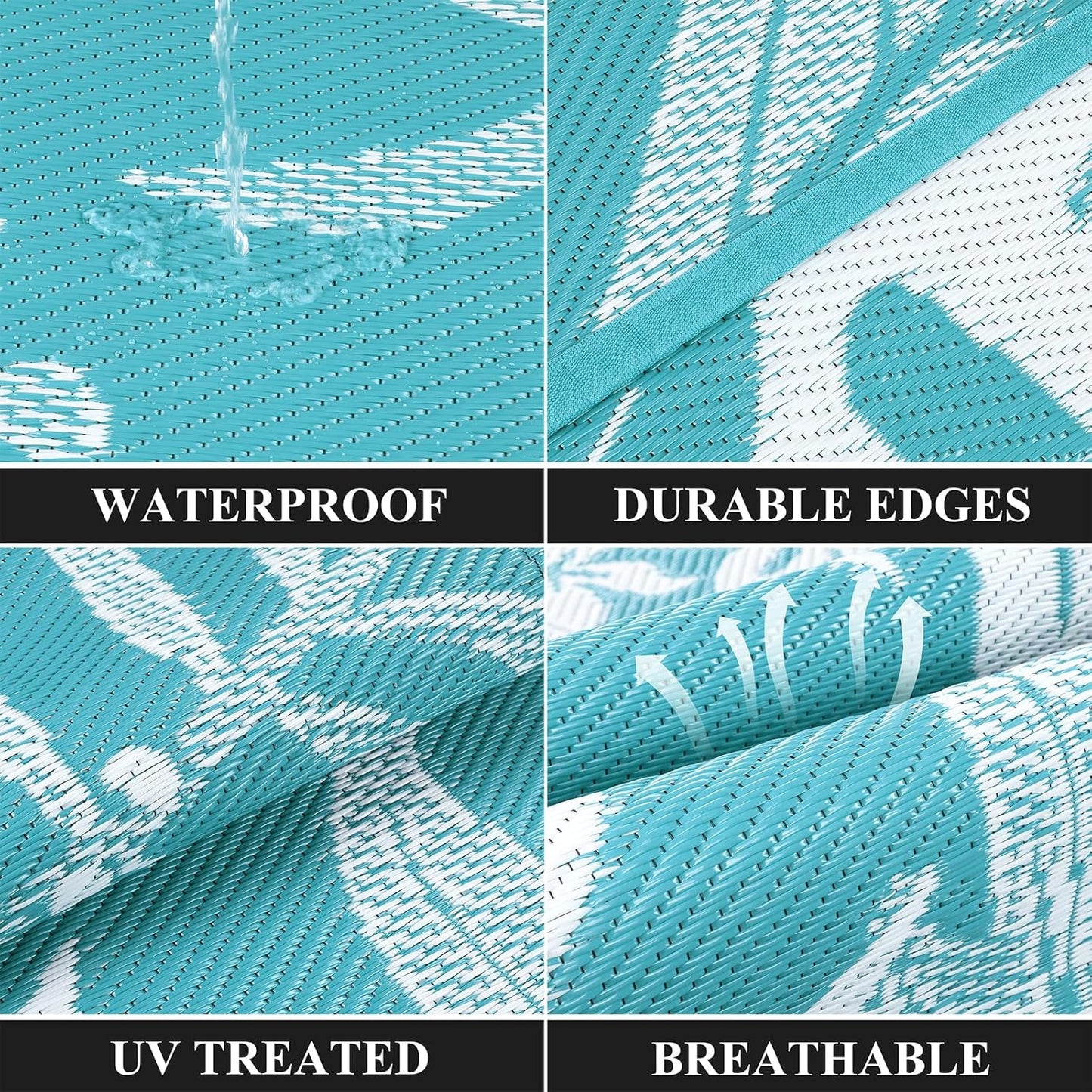 Pauwer Waterproof Outdoor Rug 9x12, Reversible Plastic Straw Patio Camping Rug, Indoor Outdoor RV Mat Carpet for Deck, Camper, Porch, Balcony, Backyard, Picnic, Floral Teal