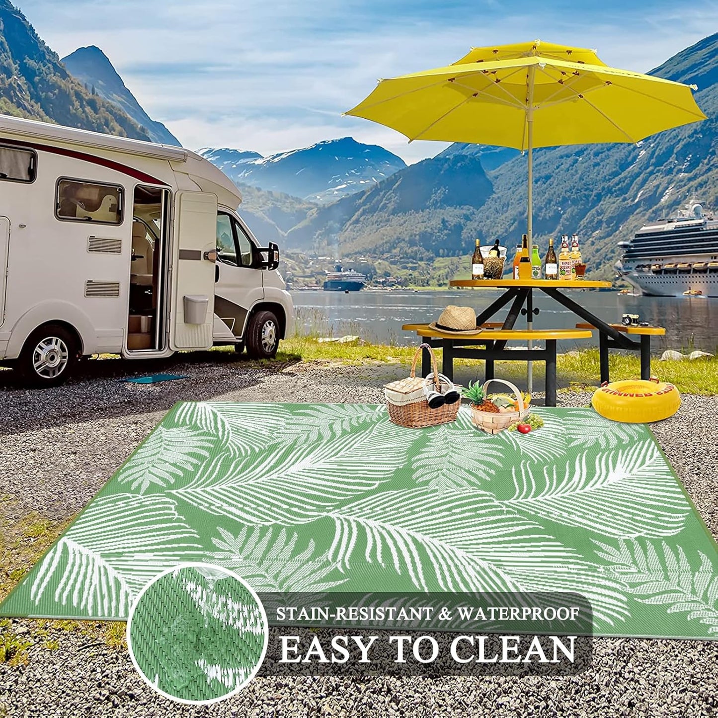 Pauwer Waterproof Outdoor Rug 6x9, Reversible Plastic Straw Patio Camping Rug, Indoor Outdoor RV Mat Carpet for Deck, Camper, Porch, Balcony, Backyard, Picnic, Leaf Green