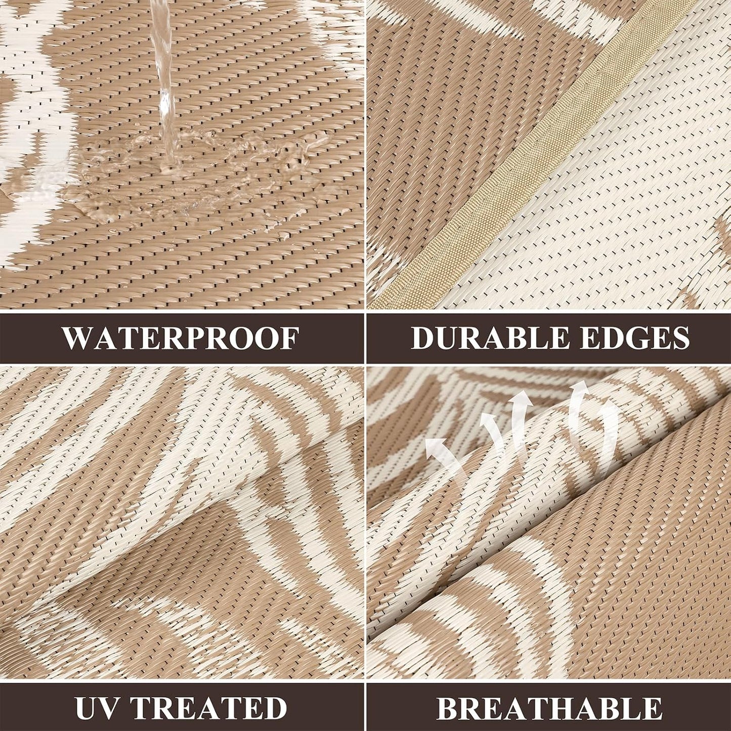 Pauwer Waterproof Outdoor Rug 9x12, Reversible Plastic Straw Patio Camping Rug, Indoor Outdoor RV Mat Carpet for Deck, Camper, Porch, Balcony, Backyard, Picnic, Leaf Brown