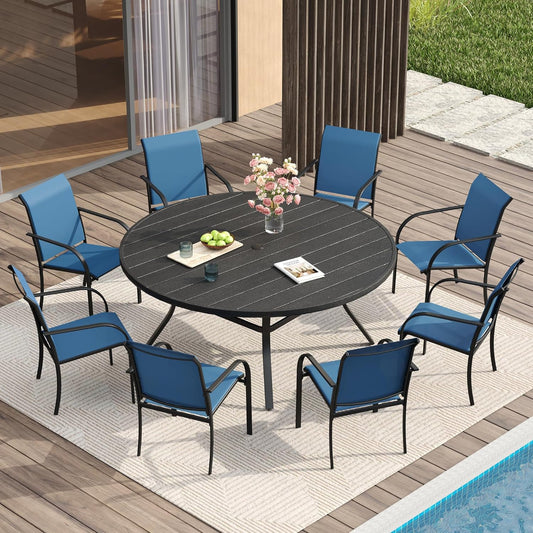 VICLLAX Patio Dining Set for 8, 9 Pieces Outdoor Furniture Set Includes 56.3" Round Patio Table and 8 Patio Stackable Chairs, Outdoor Table and Chairs for Outsides, Black Tabletop and Blue Fabric