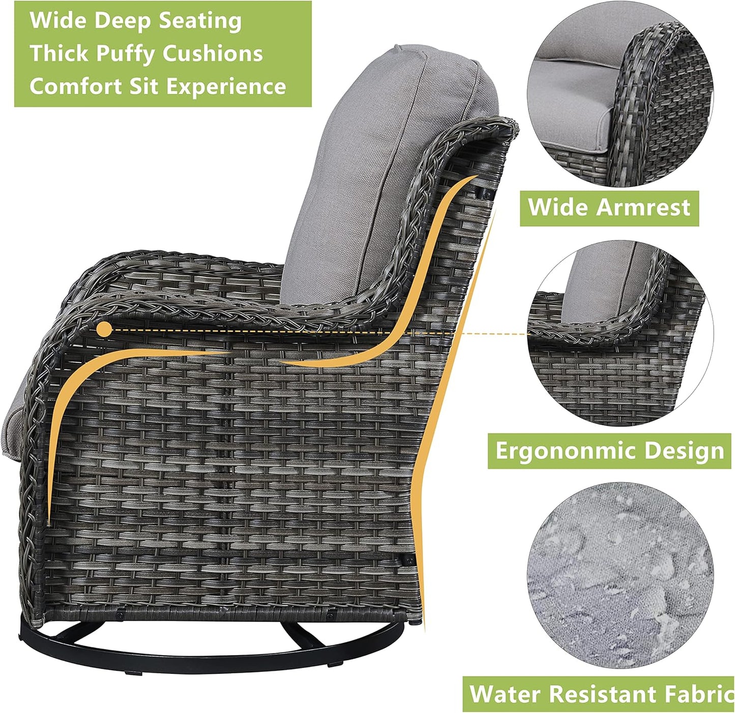 Outdoor Wicker Patio Furniture Set - 5 Pieces Rattan Patio Conversation Set with 2 Rocking Swivel Chairs,2 Ottomans and 1 Side Table for Porch Deck Backyard Garden(Mixed Grey/Grey)