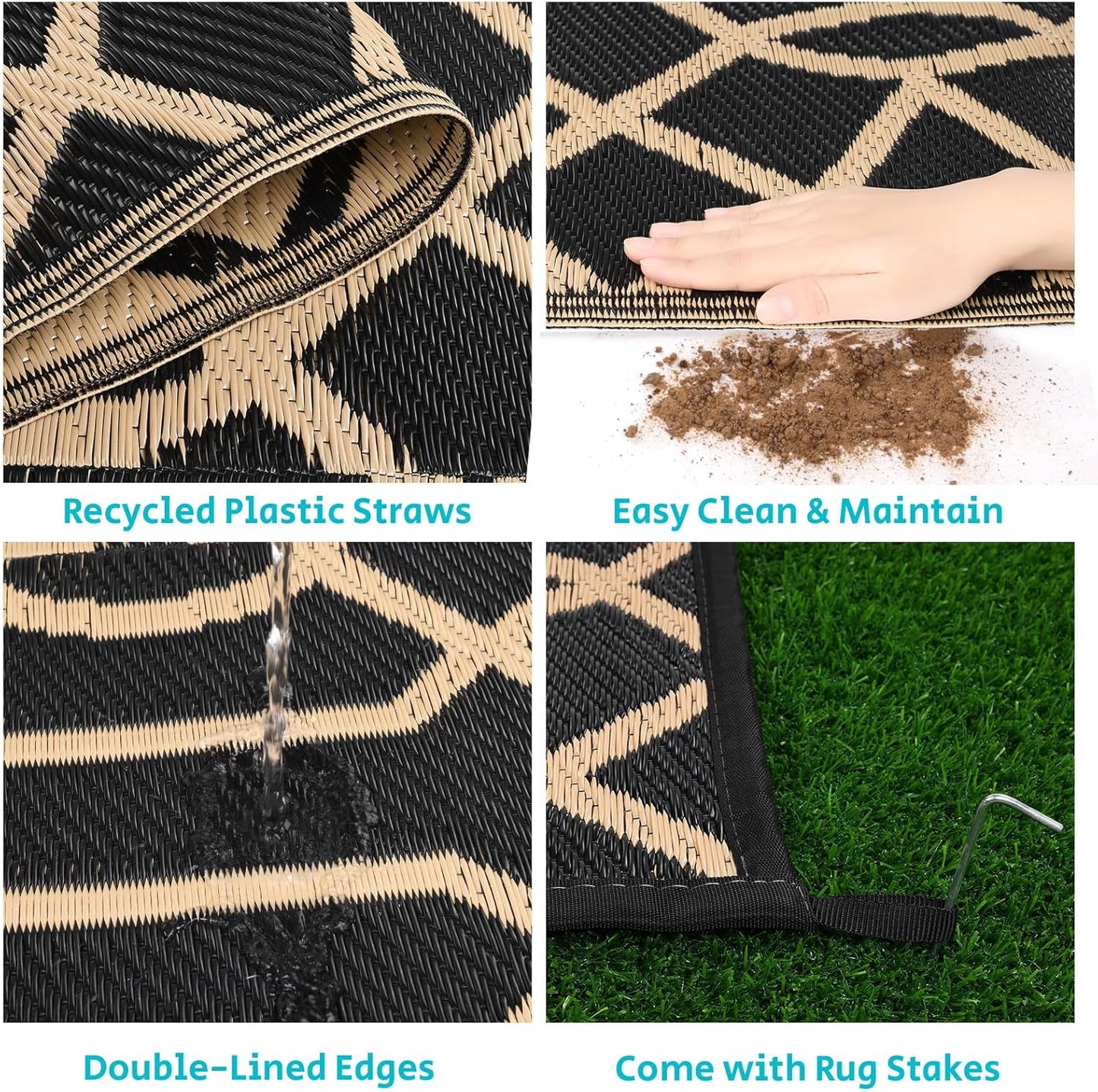 HEBE Outdoor Rug Waterproof 9x12, Reversible Plastic Straw Rug RV Camping Rug, Indoor Outdoor Patio Mat Clearance, Outside Carpet for Porch,Deck,Camper,Balcony,Backyard,Picnic