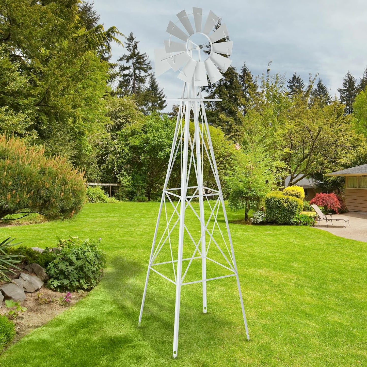 8FT Garden Windmill, Heavy Duty Metal Weather Vane, Yard Ornamental Wind Spinner, Wind Mill Decoration for Backyard Weather Resistant (White, 8ft)