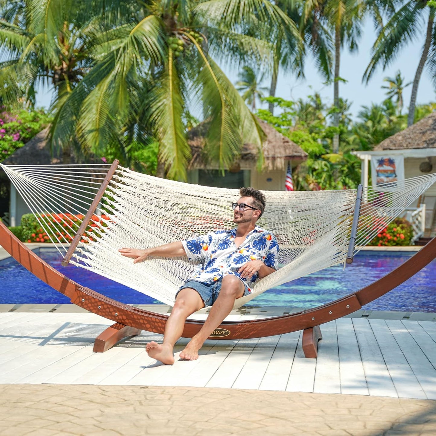 Lazy Daze Hammocks 10.5 FT Double 2 Person Caribbean Rope Hammock, Hand Woven Polyester Hammock with Spreader Bars, for Outside Outdoor Backyard Patio Poolside,450 LBS Capacity, Cream