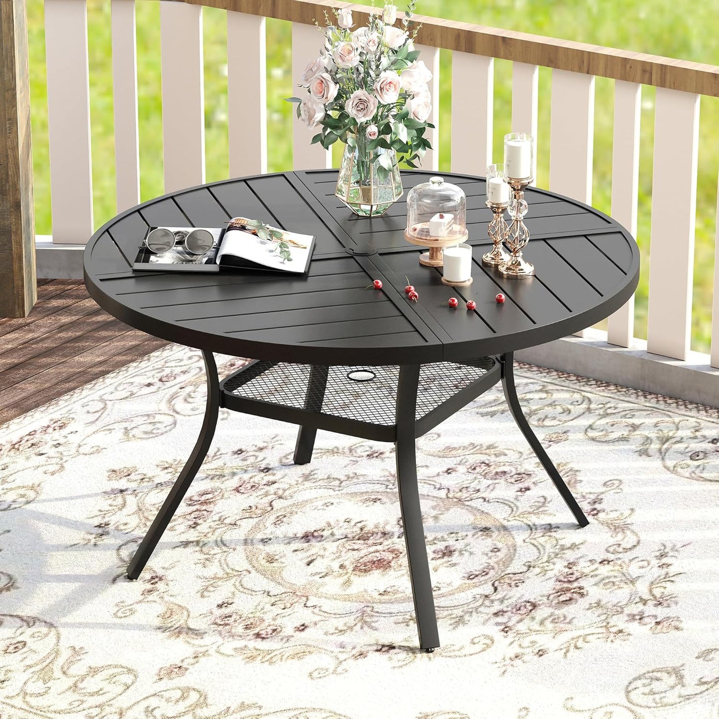 VICLLAX Round Patio Table with Adjustable Umbrella Hole for 4, All Weather Metal Outdoor Dining Table for Lawn Garden, 40.6" Outdoor Coffee Table, Black Tabletop