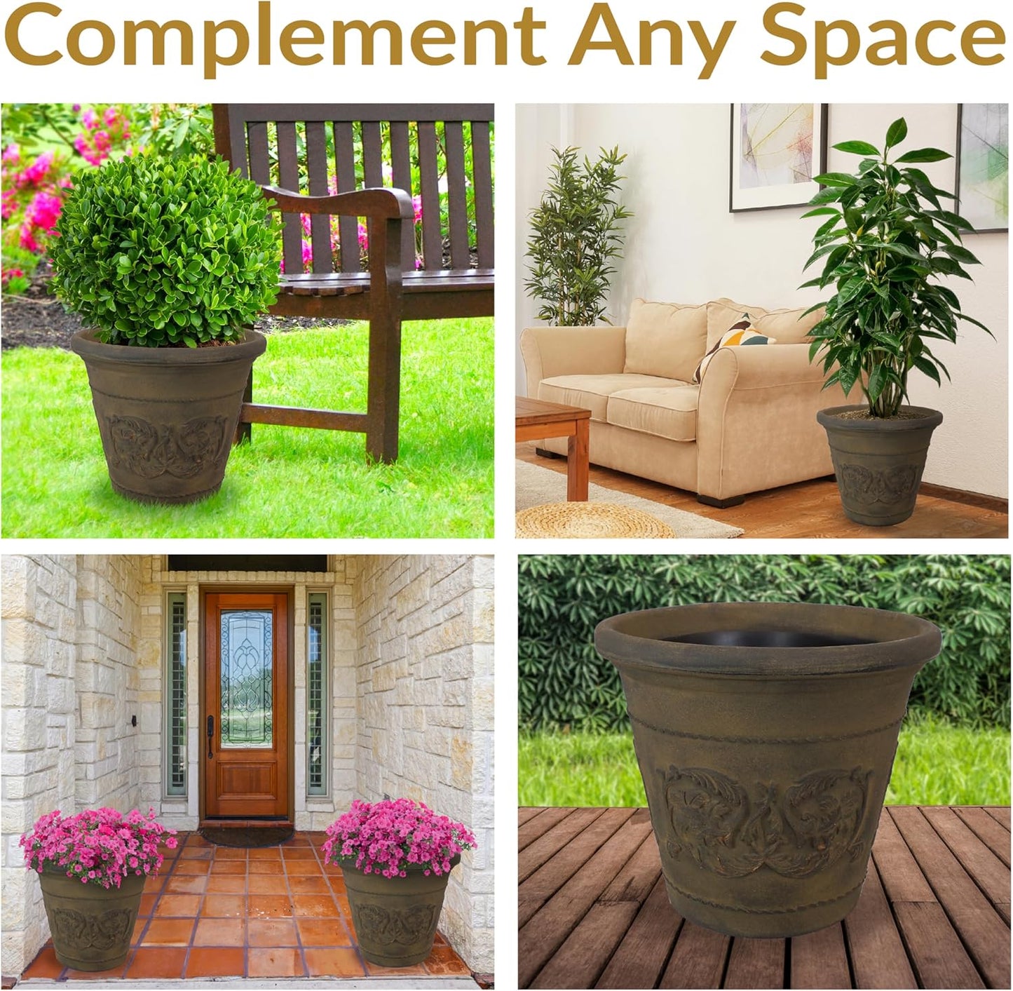 Sunnydaze 19.5-Inch Arabella Large Plant Pot - Polyresin Round Outdoor Planter with Drillable Drainage Holes - 4 Pack - Sable