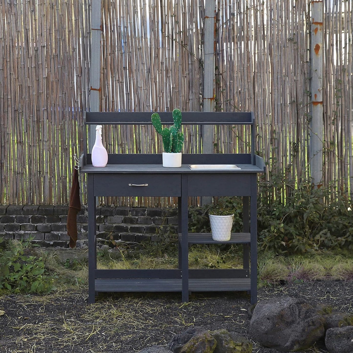 MUPATER Potting Bench Garden Table for Outdoors with Removable Stainless Sink, Planting Work Bench with Storage Shelves and Drawer, Grey