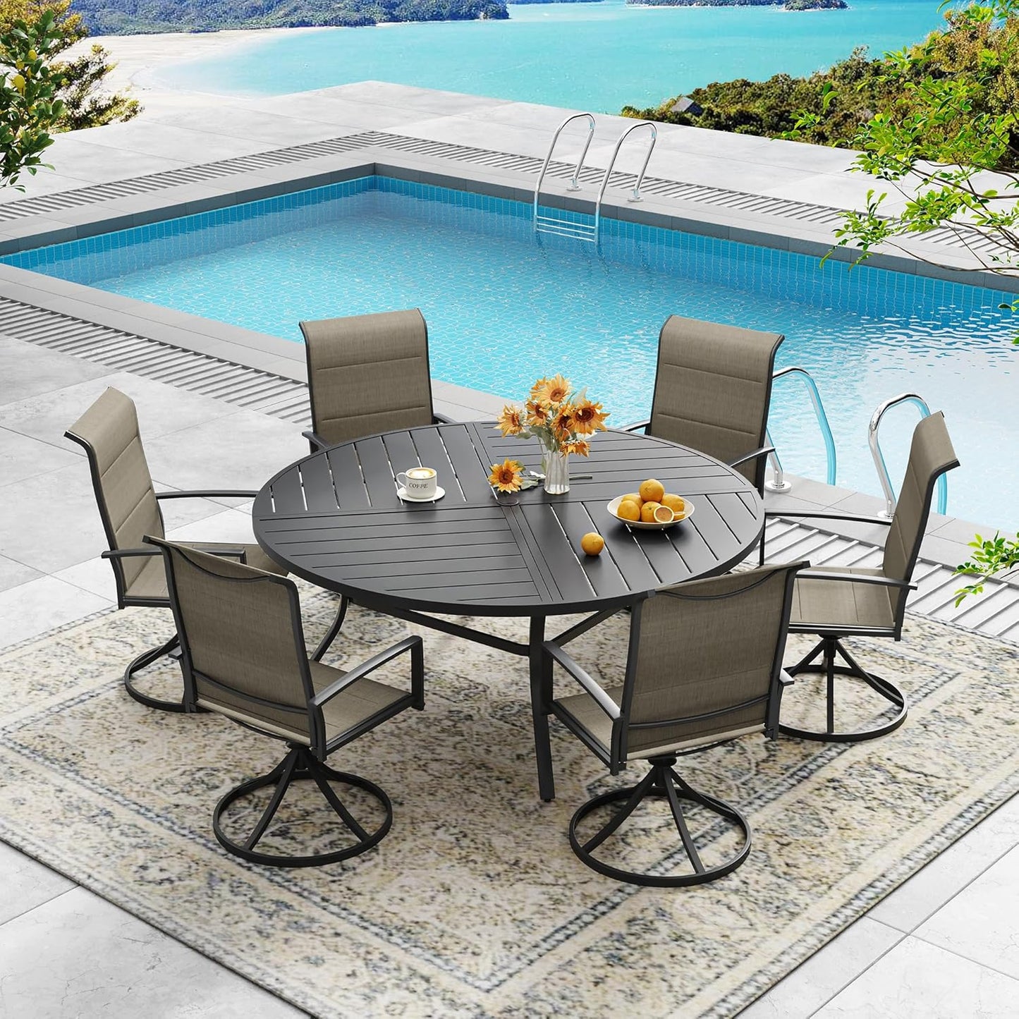 DIFY 53.1" Round Outdoor Patio Dining Table for 6-8, All-Weather Metal Steel Slatted Patio Table with 1.57" Adjustable Umbrella Hole, for Lawn Garden Porch Backyard, Black