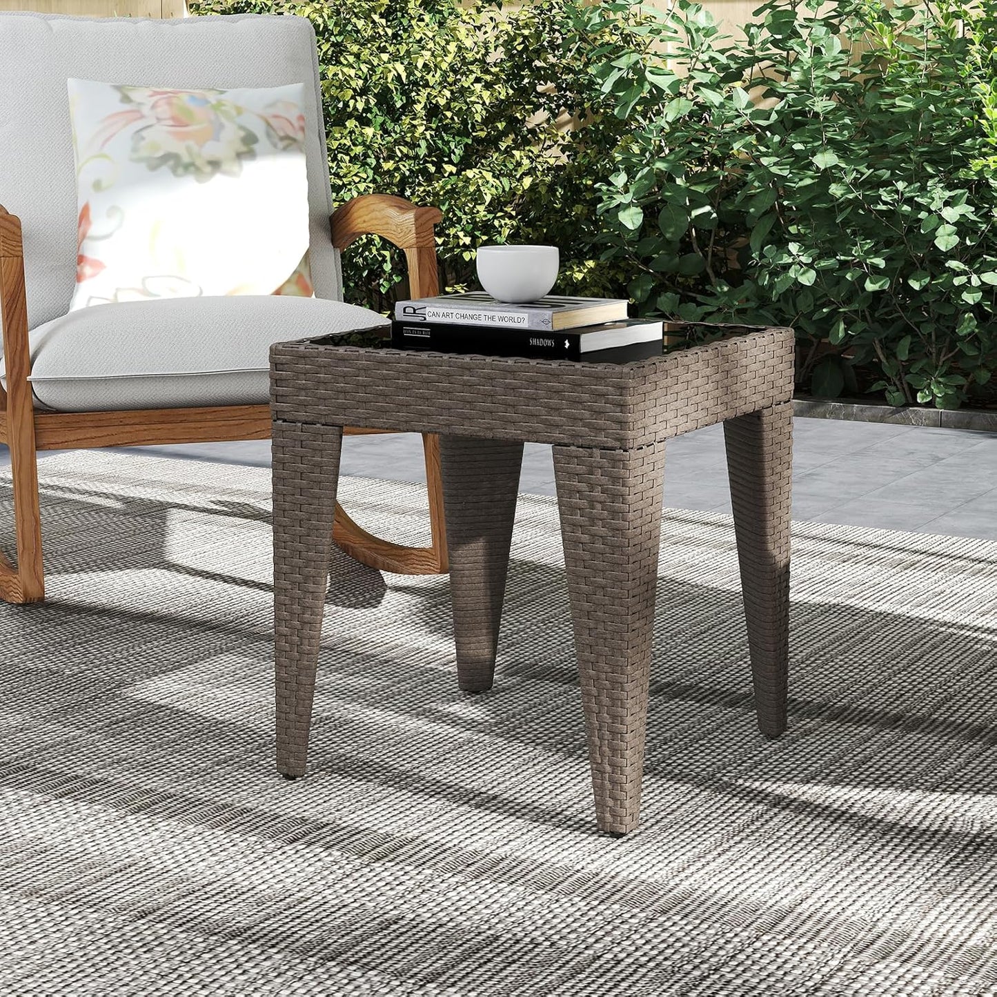 Outdoor Small Patio Table - PE Rattan Coffee Table, Wicker Side Table for Patio, Balcony & Porch, Durable & Iron Frame (1, Rattan Sesame)