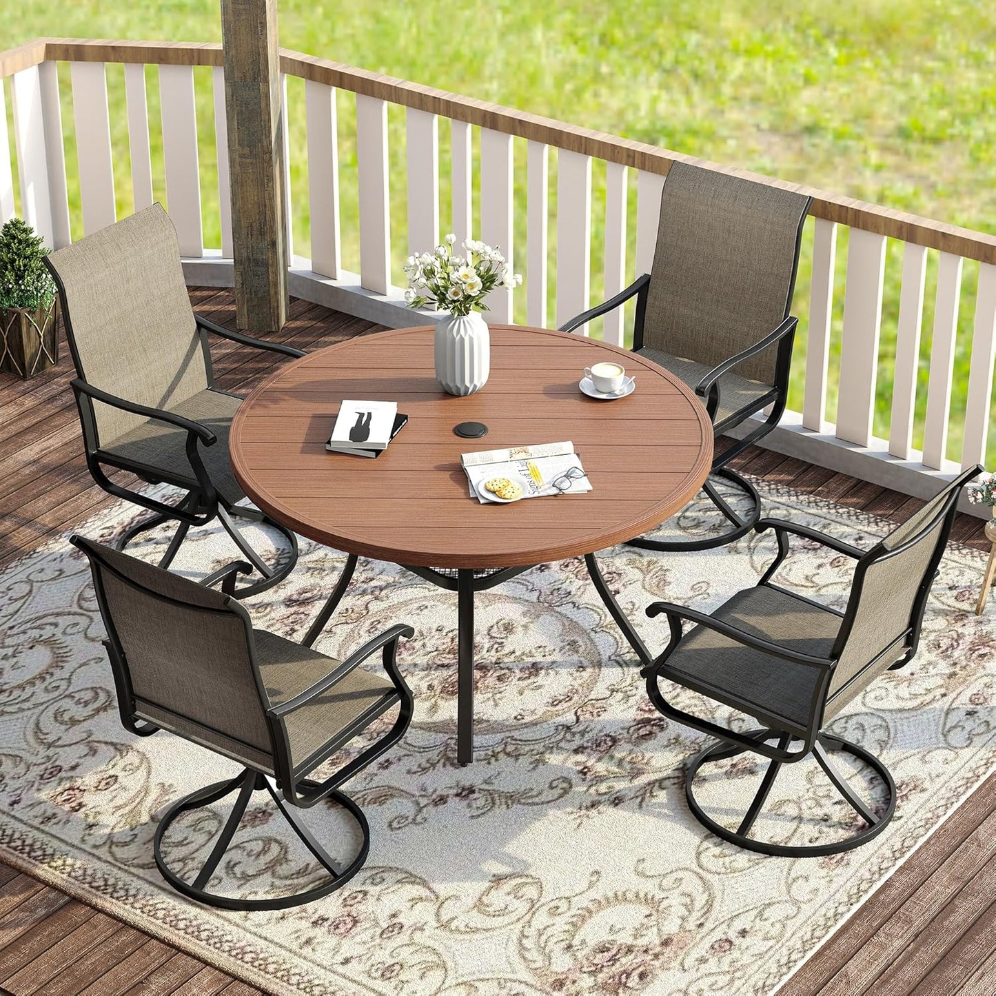 VICLLAX Round Patio Table with Adjustable Umbrella Hole, All Weather Outdoor Round Dining Table for Lawn Garden, 41.2"x 28" Walnut Wood-Like Outdoor Coffee Table