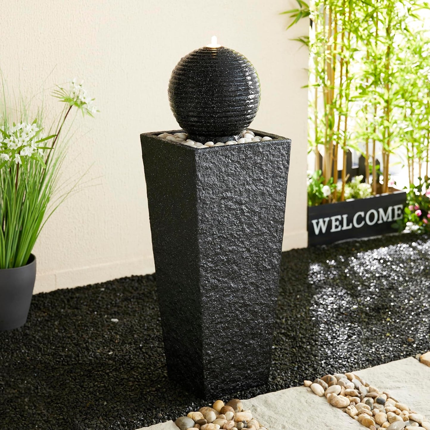 Glitzhome Outdoor Water Fountain with LED Light, Oversized Decorative Black Pedestal Water Fountains with Submersible Pump, Modern Sphere Floor Fountain with Pebbles for Garden Patio Decor, 40.75”H