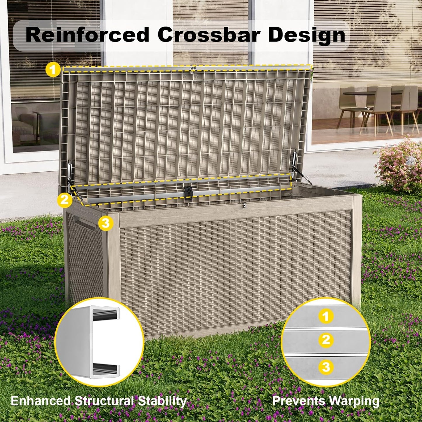 260 Gallon Outdoor Deck Box,Storage Lockable Waterproof Patio Furniture,Garden Tools,Cushions,Pool Accessories Outside Storage Resin Box(Grey)