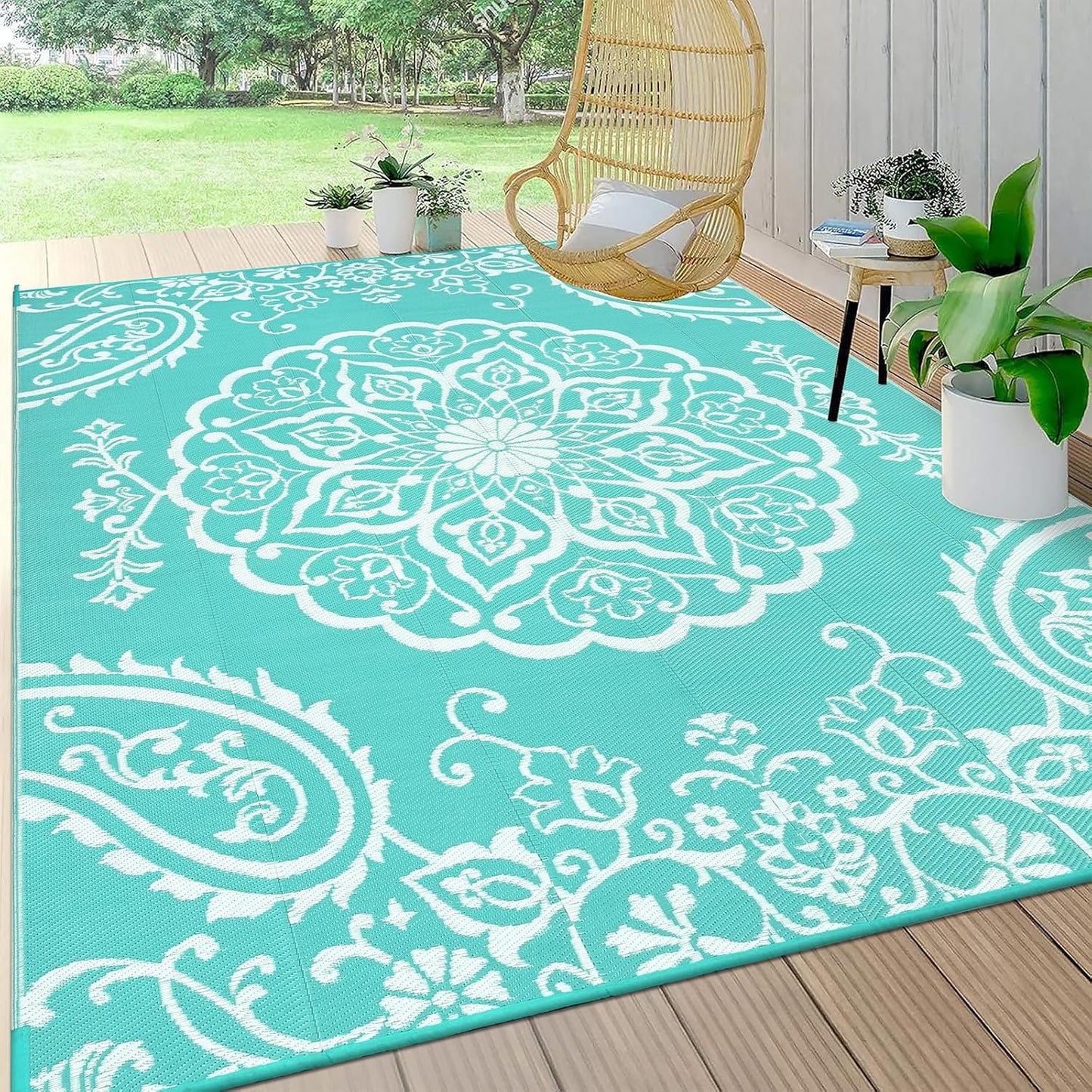 Pauwer Waterproof Outdoor Rug 6x9, Reversible Plastic Straw Patio Camping Rug, Indoor Outdoor RV Mat Carpet for Deck, Camper, Porch, Balcony, Backyard, Picnic, Boho Light Blue