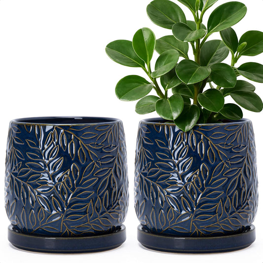 D'vine Dev 6 Inch Embossed Leaves Stoneware Planter Pot with Drainage Hole and Saucer, Midnight Blue, Set of 2, 27-F-X-3