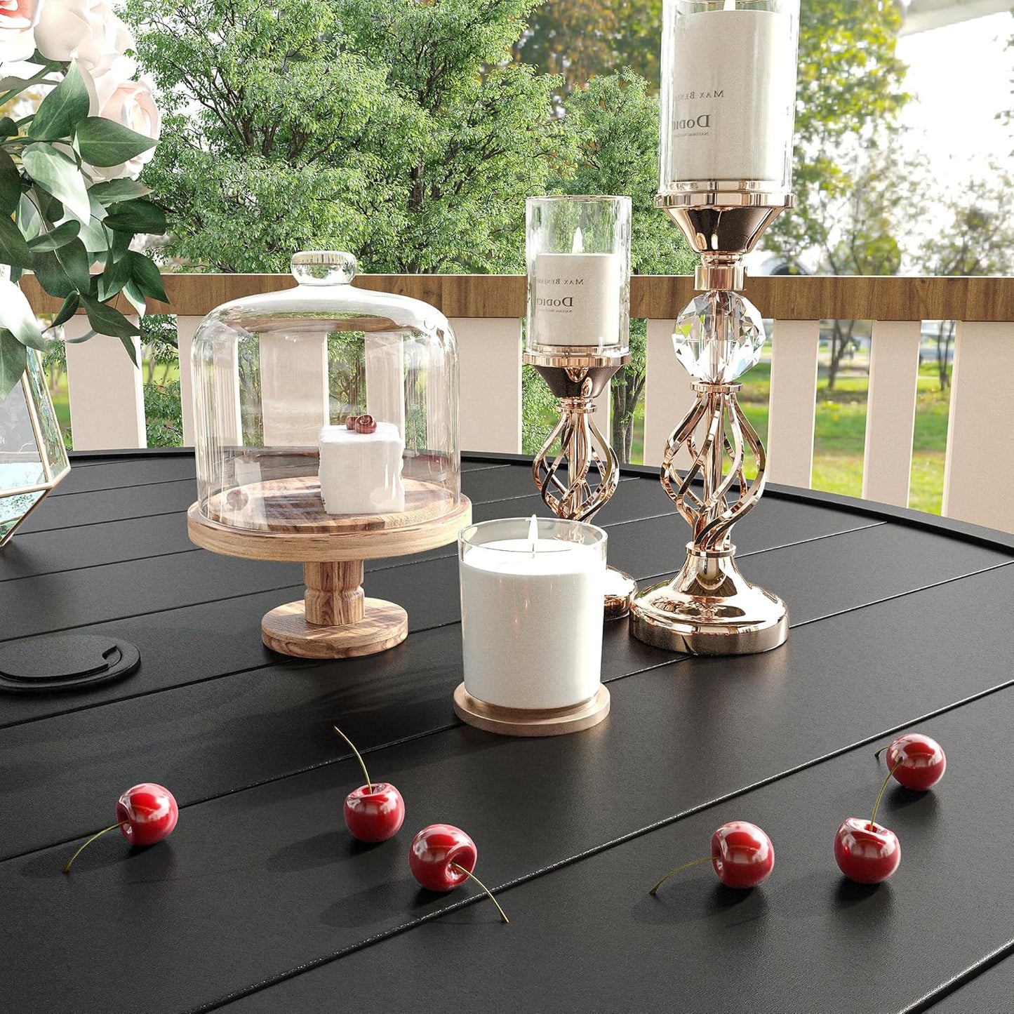 VICLLAX Patio Dining Set for 8, Outdoor Furniture Set Includes 53" Round Patio Table and 8 Patio Sling Chairs, Black Tabletop and Grey Fabric