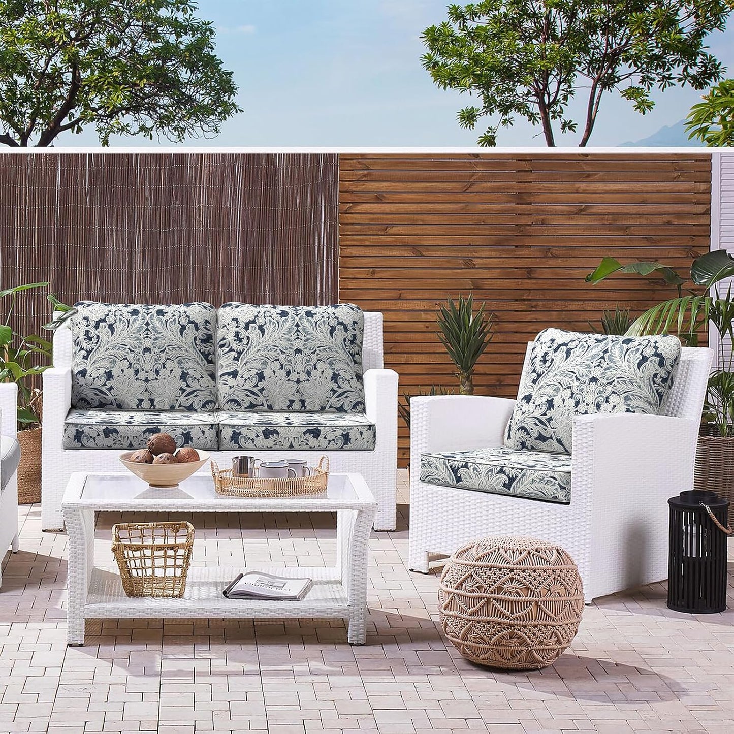 LVTXIII Outdoor/Indoor Deep Seat Cushion Patio Seat and Back Cushion Set All-Weather Replacement Chair Cushion for,Wicker Chairs and Garden Furniture Decoration, 24"x24"x4", Damask Lapis