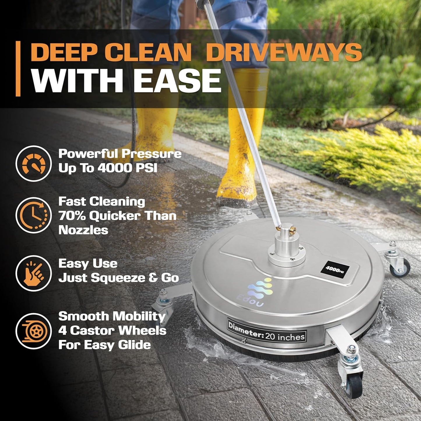 EDOU Pressure Washer Surface Cleaner - 20-Inch Stainless Steel Cleaner, 2 Replaceable Nozzles, 2 Washer Wand Attachments, 4 Wheels - 4000 PSI Maximum Pressure - 1/4" Quick Connector