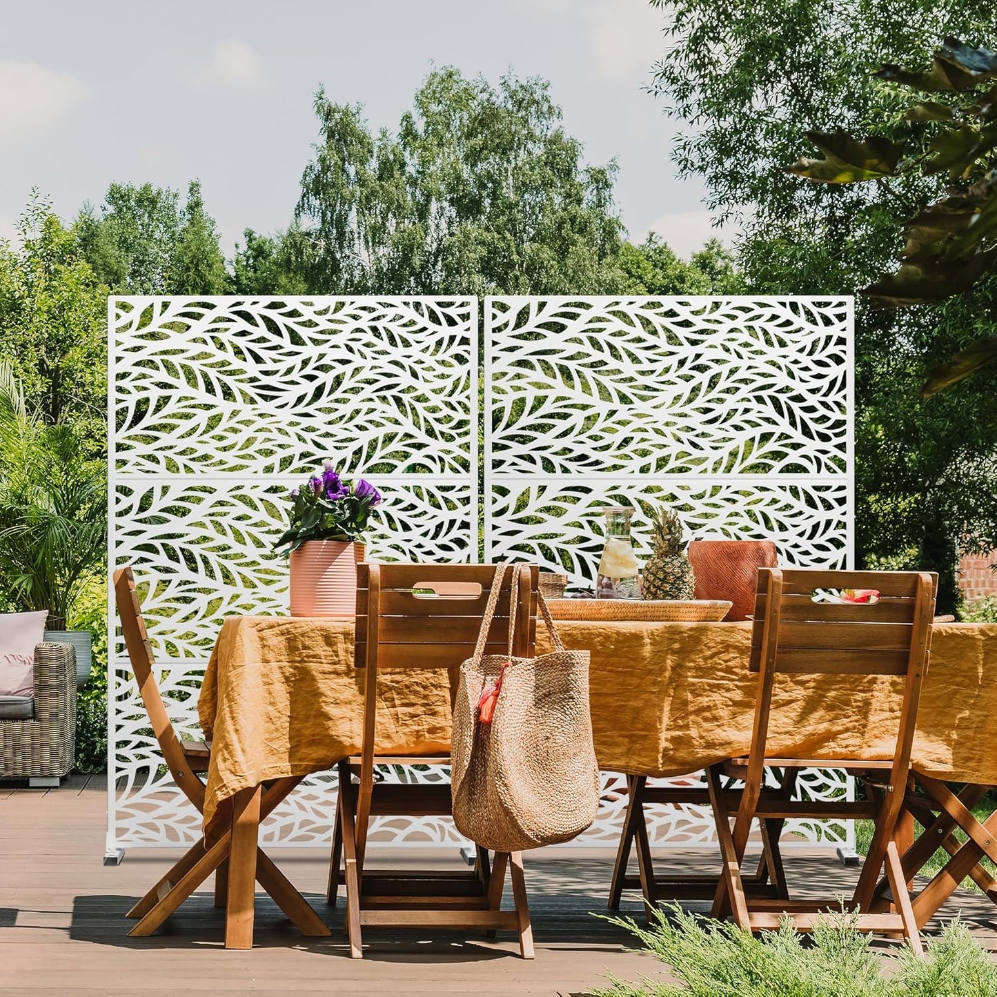 Metal Privacy Screen,72" H47 W,Freestanding Decorative Privacy Screen for Balcony Patio Lawn Garden,Privacy Fence Privacy Panel-White & Leaf