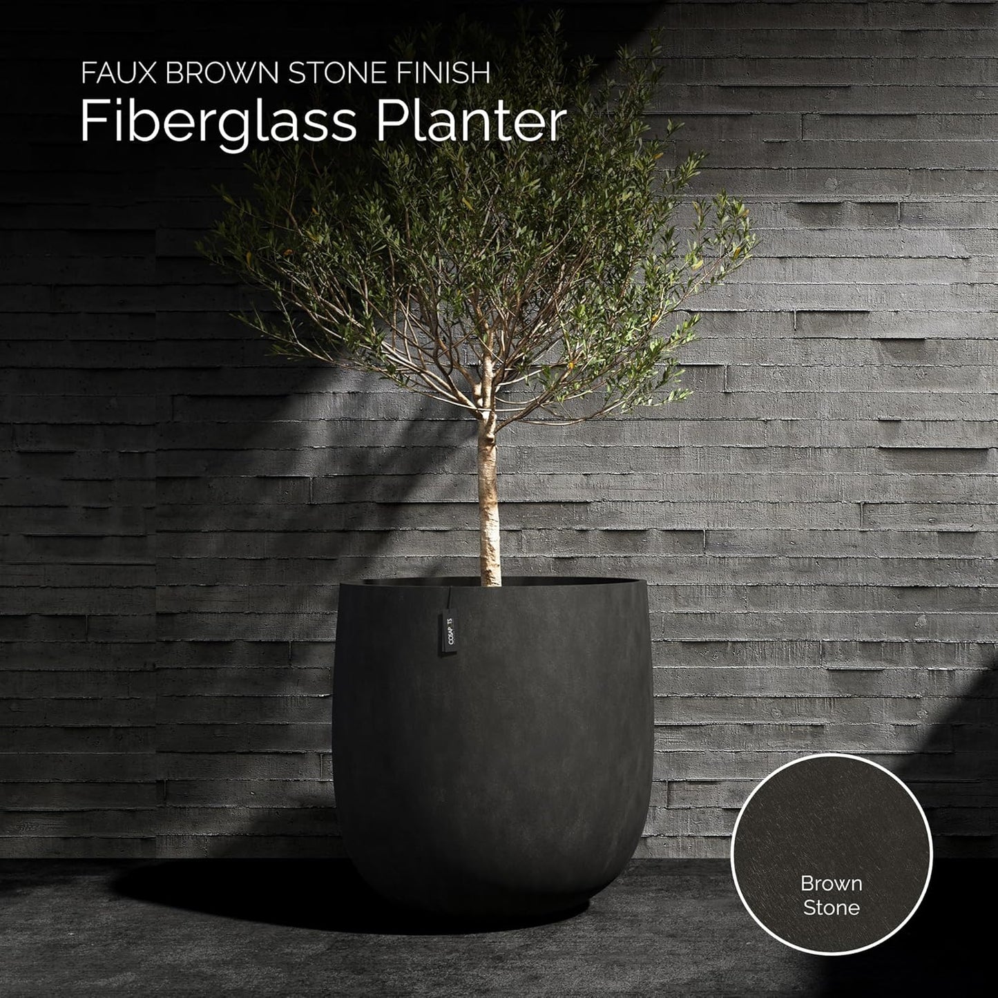 Mondo Large Planter – Brown Stone Finish – Fiberglass Indoor/Outdoor and Weather-Resistant Round Planter (19.7" D x 19.1" H Exterior, 18.5" D x 18.5" H Interior)