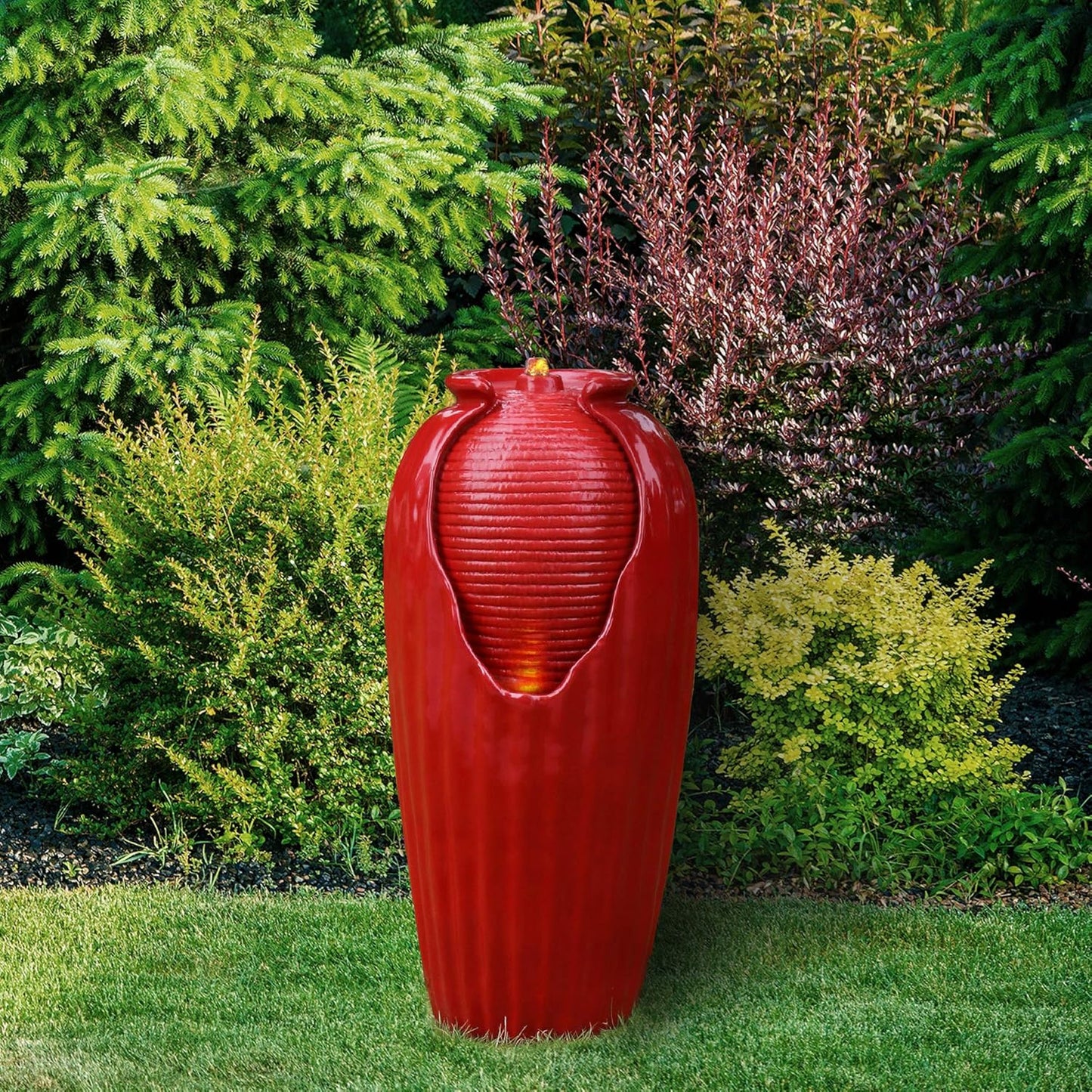 Teamson Home Glazed Vase Floor Freestanding Water Fountain with LED Lights and Pump for Outdoor Patio Backyard Deck Plant Garden Décor, 32 Inch Height, Red