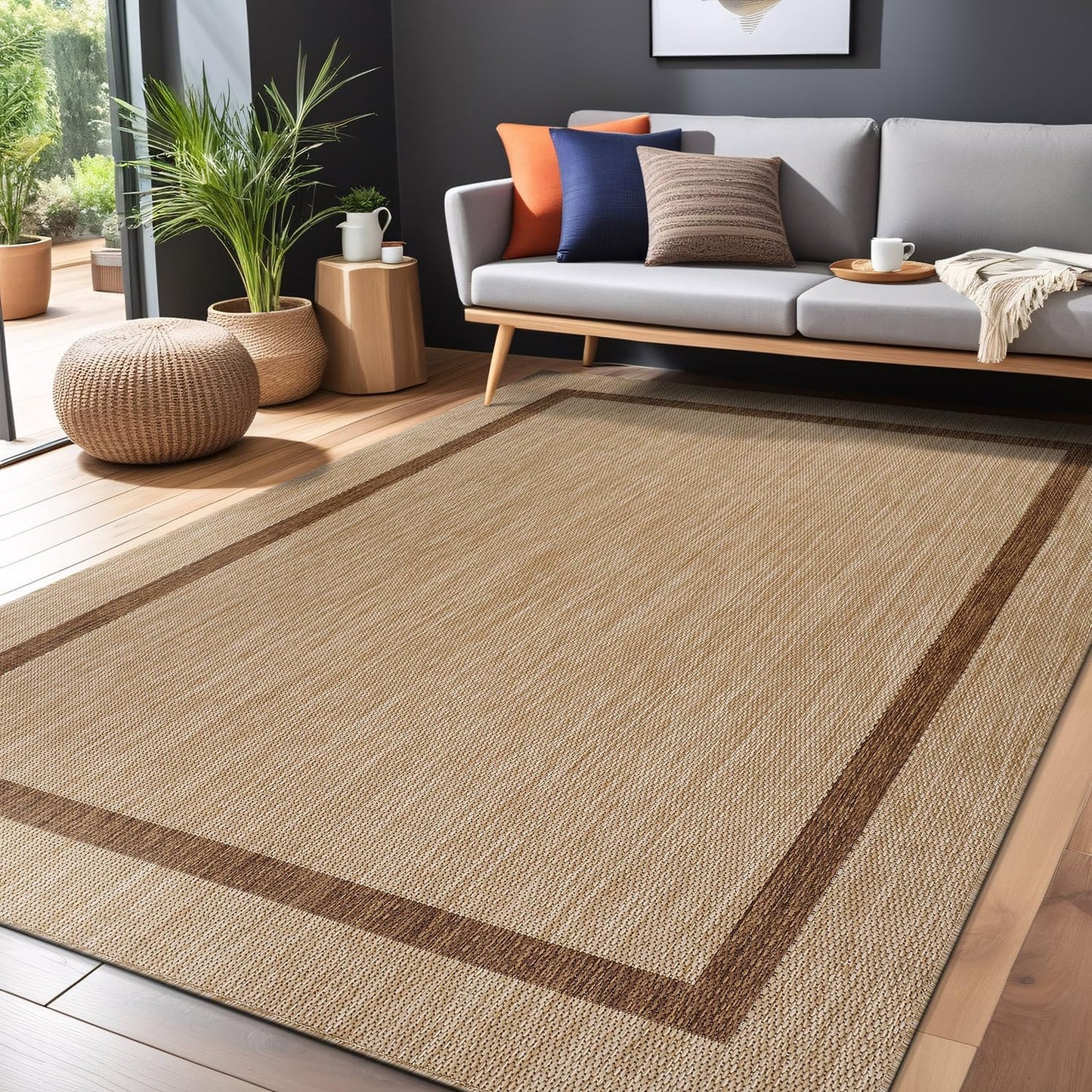 Bordered Outdoor Rug 10x14 Washable Outside Carpet for Indoor Patio Porch Waterproof Easy Cleaning Non Shedding Area Rugs Jute Beige - Nut Brown 10 x 14