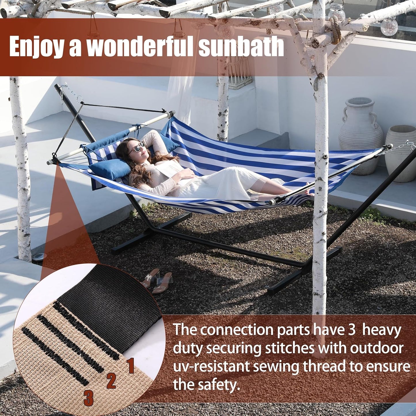 TegerDeger Anti-flip 12FT Hammock Large Hammock 450LB Capacity with Iron Spreader Bar & Nylon Rope for Outside, Patio, Garden, Backyard, Beach - Blue Strips