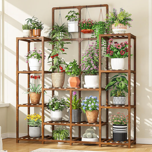 EnHomee Plant Stand Indoor Wood Plant Stand Outdoor Tiered Plant Shelf for Multiple 16-21 Potted Plants for Living Room Patio Balcony Yard Garden 44.9" W x 11.8" D x 62.2" H