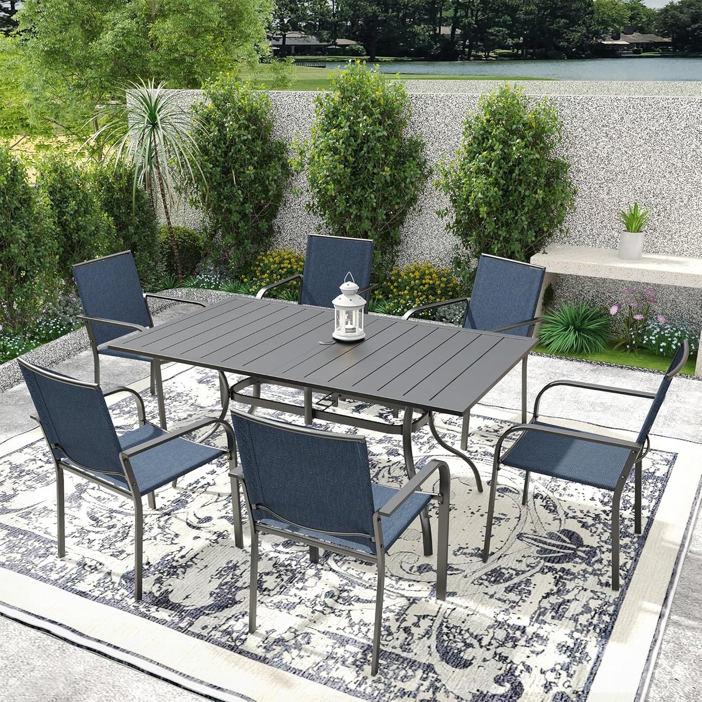 7-Piece Outdoor Patio Dining Set, 6 Stackable Patio Outoor Chairs & Rectangular Dining Table with All Weather Frame Furniture Set - Navy