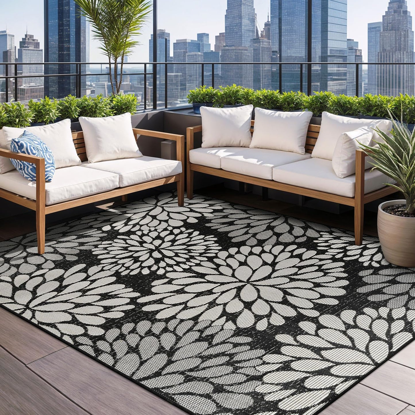 Beverly Rug Outdoor Rug 9x12 Modern Exotic Tropical Leaf Area Rugs for Indoor and Outdoor Patio Deck Porch Garden Water Resistant Washable Outside Carpet (9 x 12 Dark Gray)