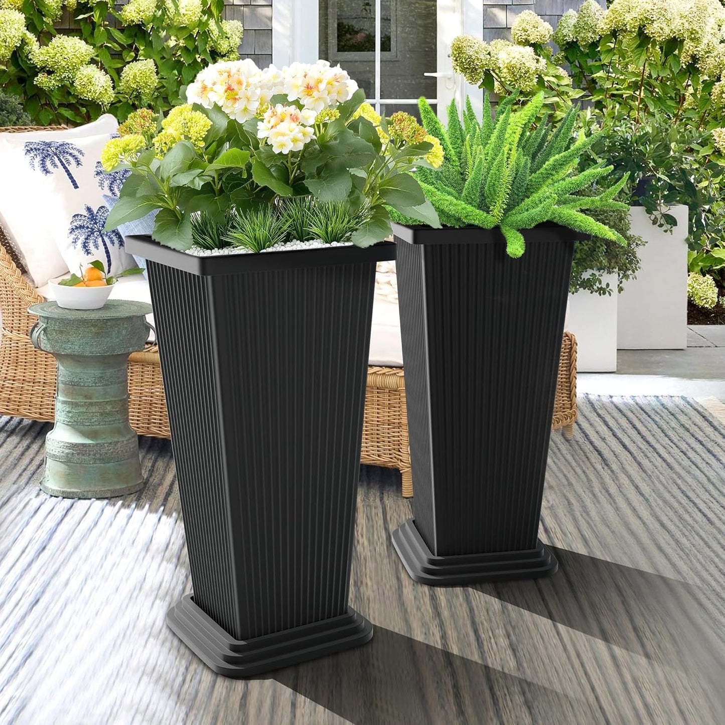 Set of 2 Large Tall Planter for Indoor or Outdoor 24" Flower Pots Tapered Tall Planters with Tray for Porch, Patio, Backyard, Large Planters for Outdoor Indoor Plants(Black,Striped)