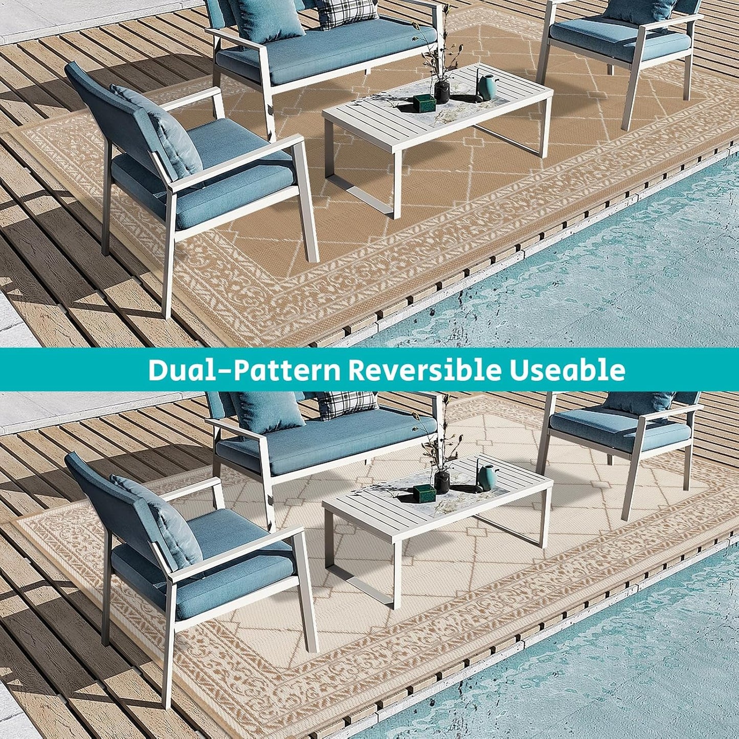 HEBE Outdoor Rug Waterproof 6x9, Plastic Straw Rug Camping Rug, Reversible Outdoor Patio Rugs RV Mat Clearance, Indoor Outside Floor Carpet for Porch,Deck,Camper,Balcony,Backyard