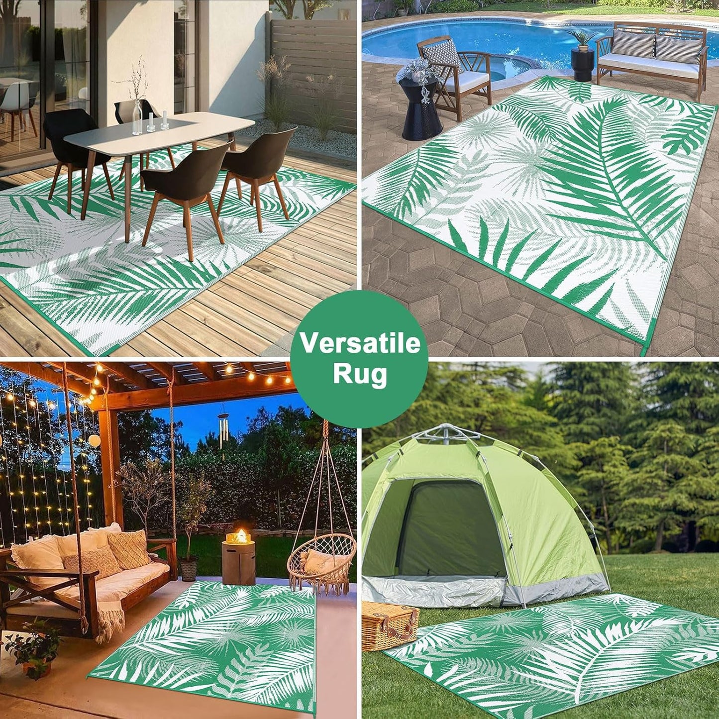 Outdoor Rug 8'x10' Waterproof for Patios Clearance, Reversible Outdoor Plastic Straw Rug Camping Carpet, Outside Floor Mats Large Area Rugs for RV,Patio,Deck,Porch, Beach,Balcony,Green&White